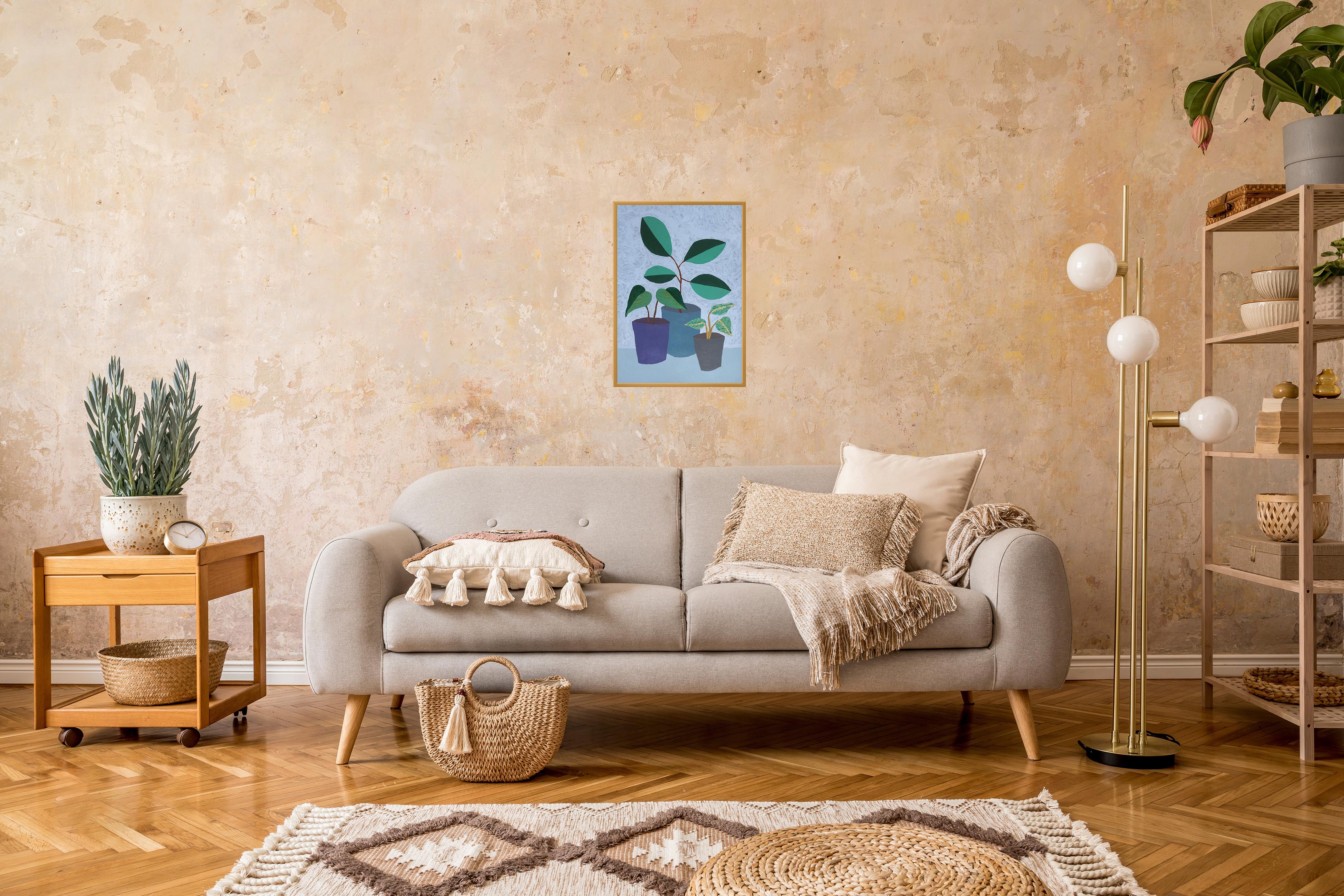 Tre piante da appartamento con vaso, toni freddi, natura morta naturalistica moderna - Painting Moderno di Gio Bellagio