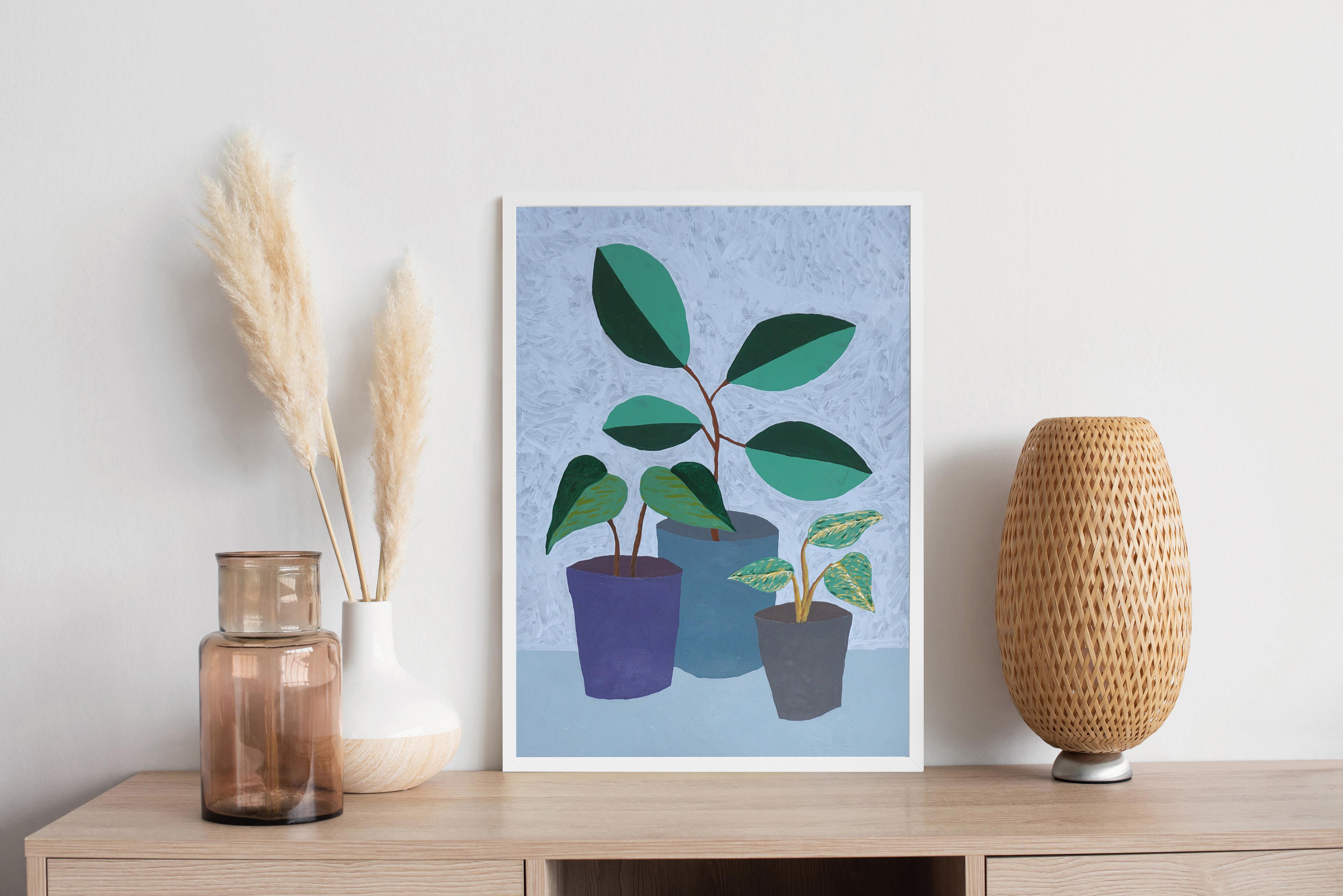 Three Houseplants with Pot Cold Tones, Modern Still Life, Green Leaves, Gray For Sale 1