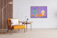 Tribal Pots with Oranges, Modern Still Life, Ceramic Patterns on Purple, Diptych