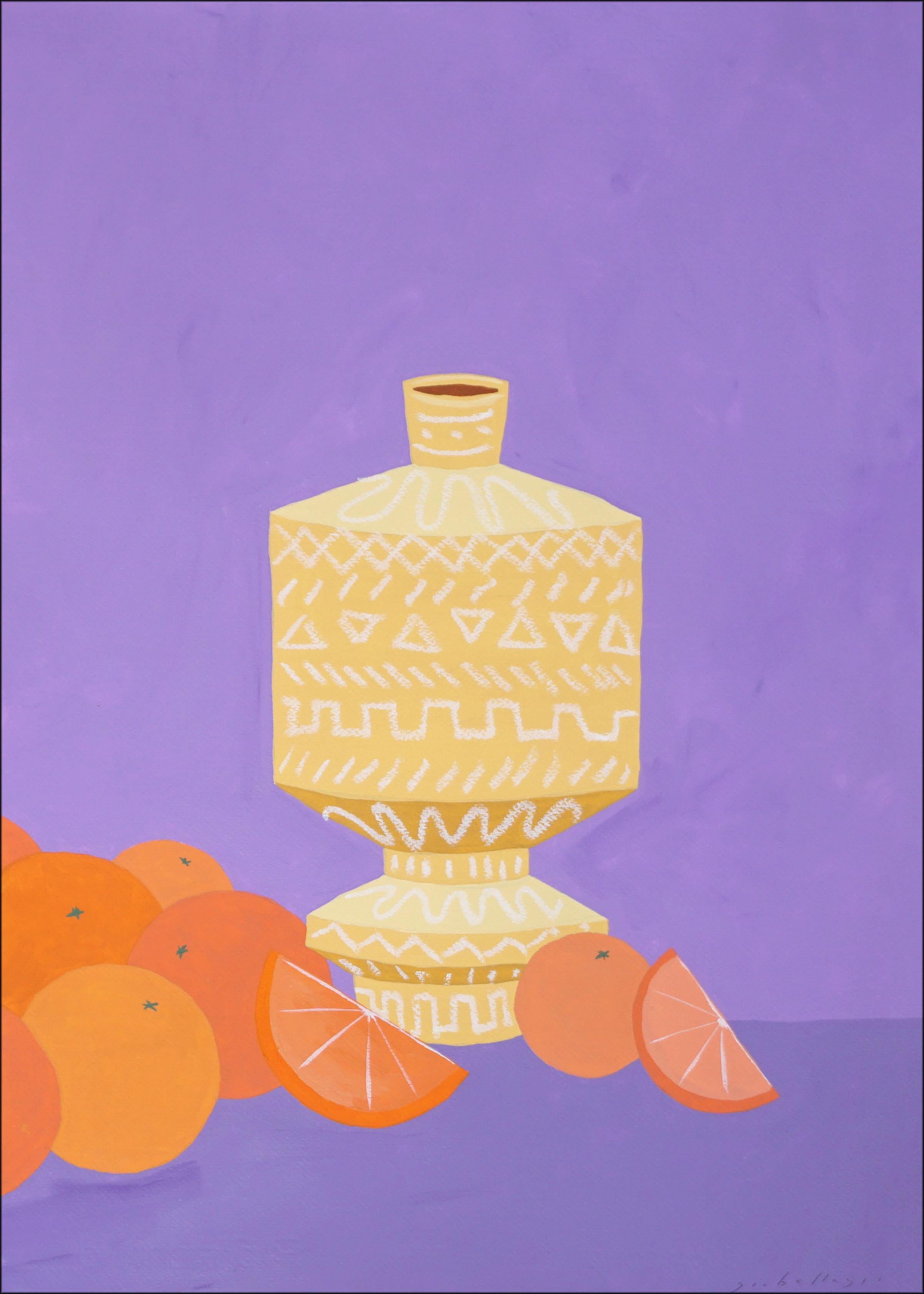 Vasi tribali con arance, natura morta moderna, motivi in ceramica su viola, dittico in vendita 1