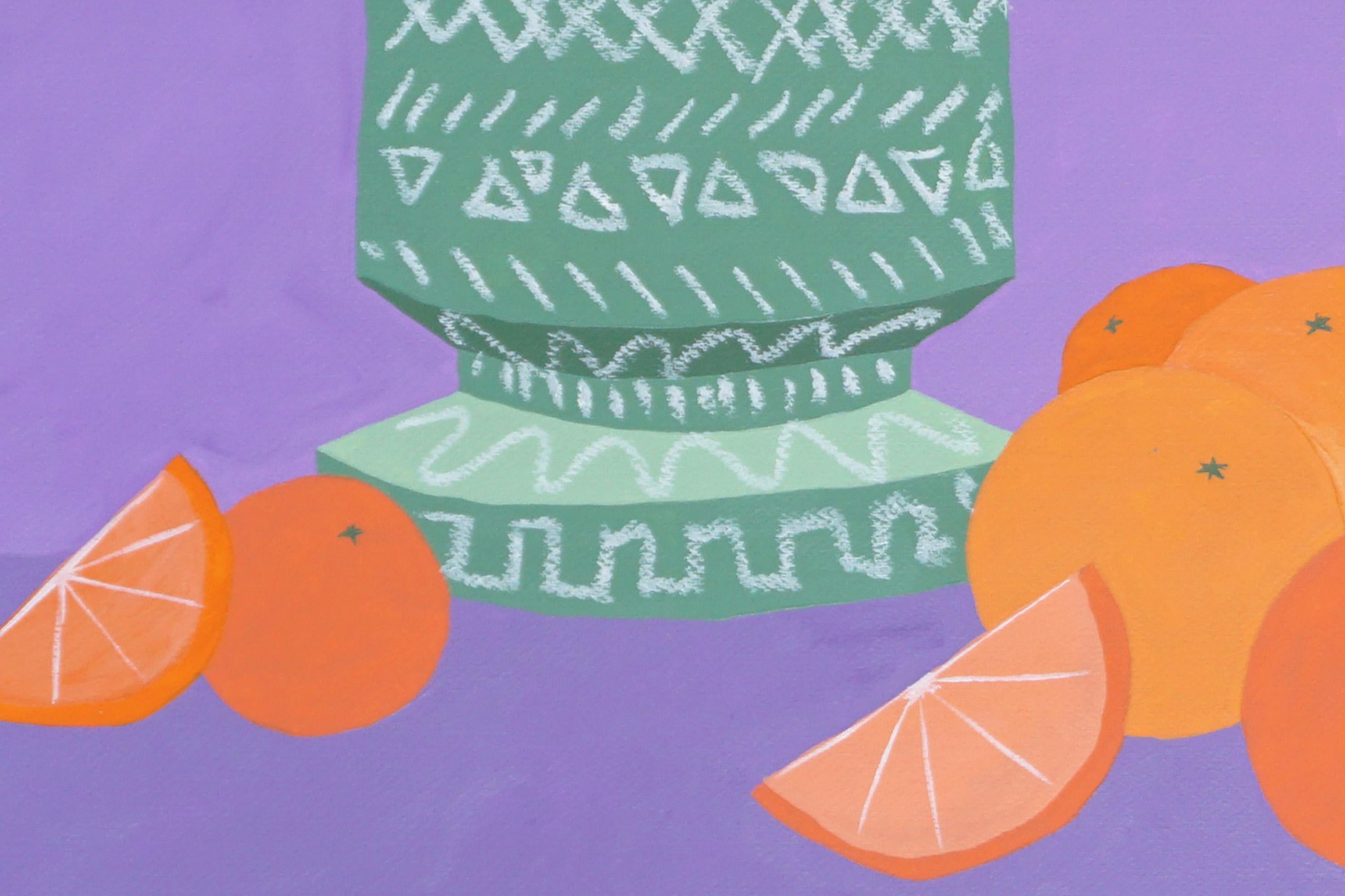Vasi tribali con arance, natura morta moderna, motivi in ceramica su viola, dittico in vendita 3