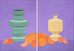 Stammeskunsttopf mit Orangetönen, modernes Stillleben, Keramikmuster auf Lila, Diptychon