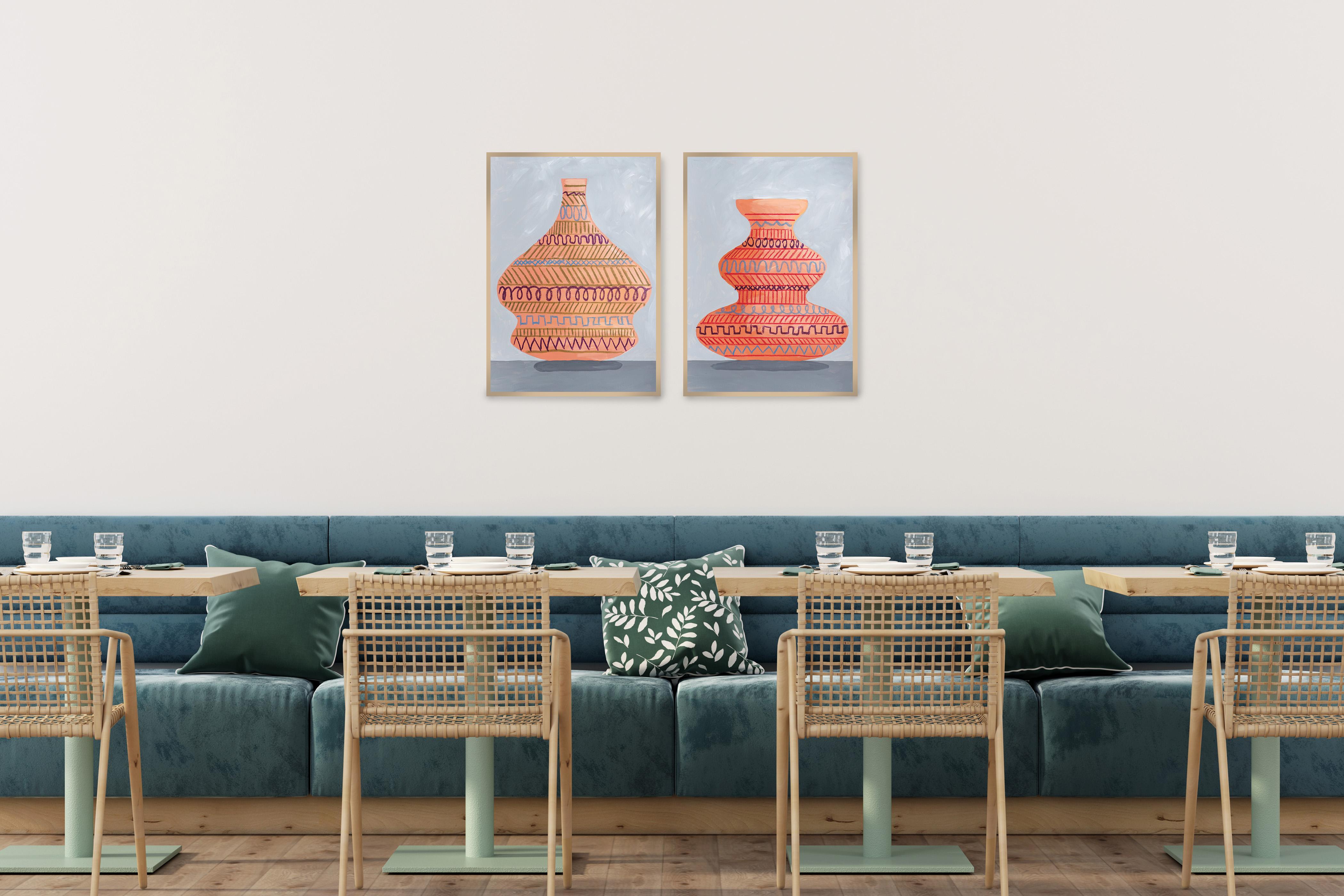 Tribal Scribble Pots Diptychon, Inspirationsgemälde auf Papier mit antikem griechischem Sockel – Painting von Gio Bellagio