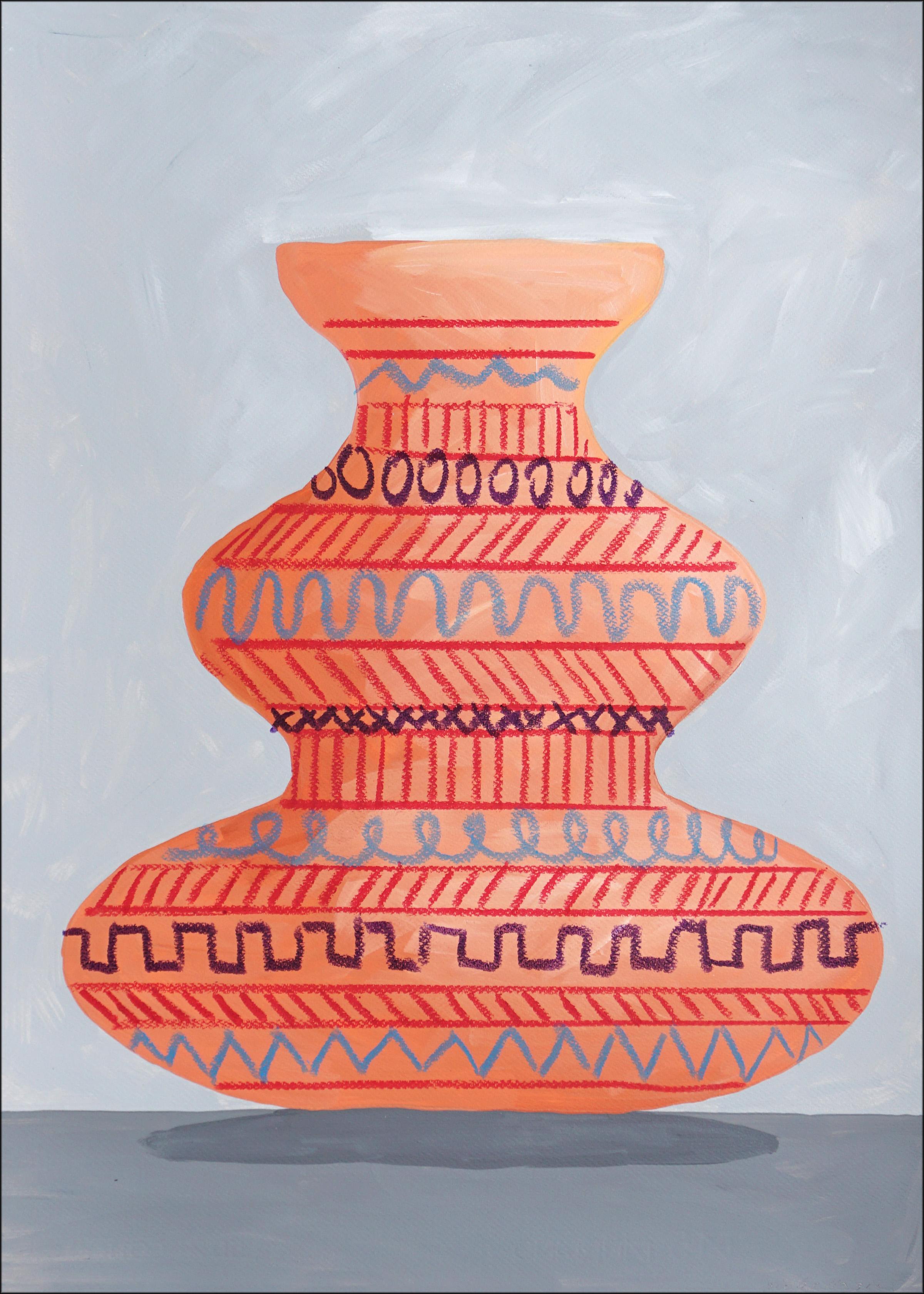 Tribal Scribble Pots Diptychon, Inspirationsgemälde auf Papier mit antikem griechischem Sockel (Grau), Still-Life Painting, von Gio Bellagio