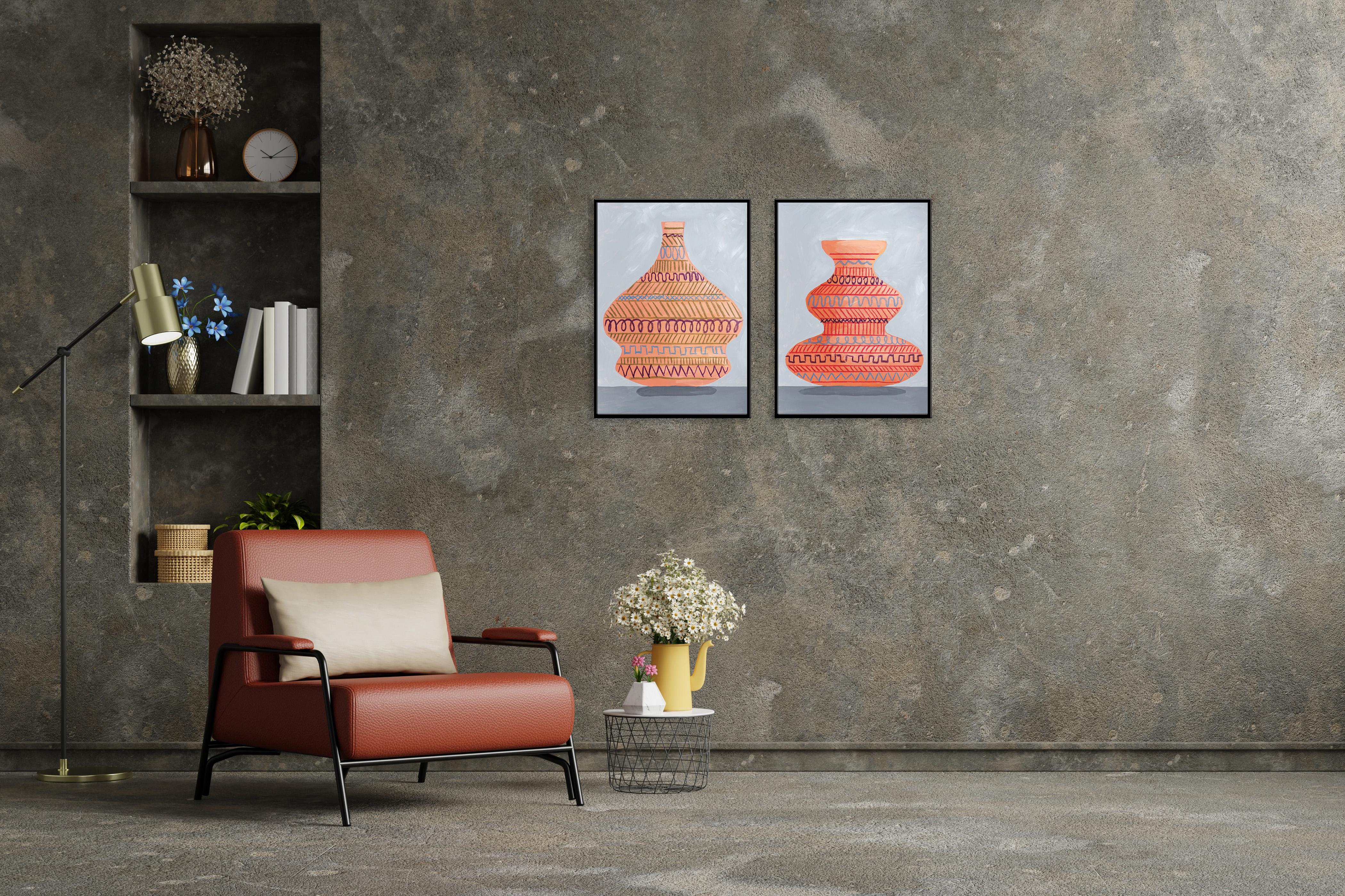 Tribal Scribble Pots Diptychon, Inspirationsgemälde auf Papier mit antikem griechischem Sockel im Angebot 1