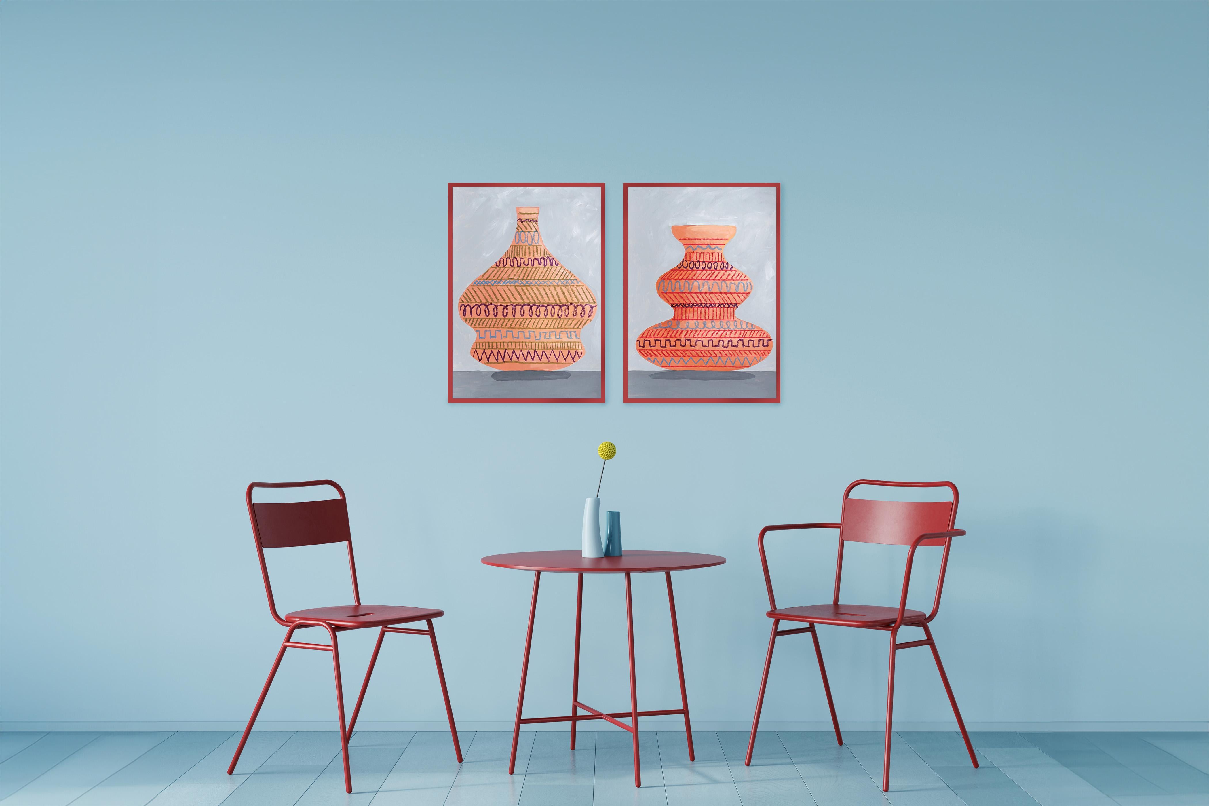 Tribal Scribble Pots Diptychon, Inspirationsgemälde auf Papier mit antikem griechischem Sockel im Angebot 2