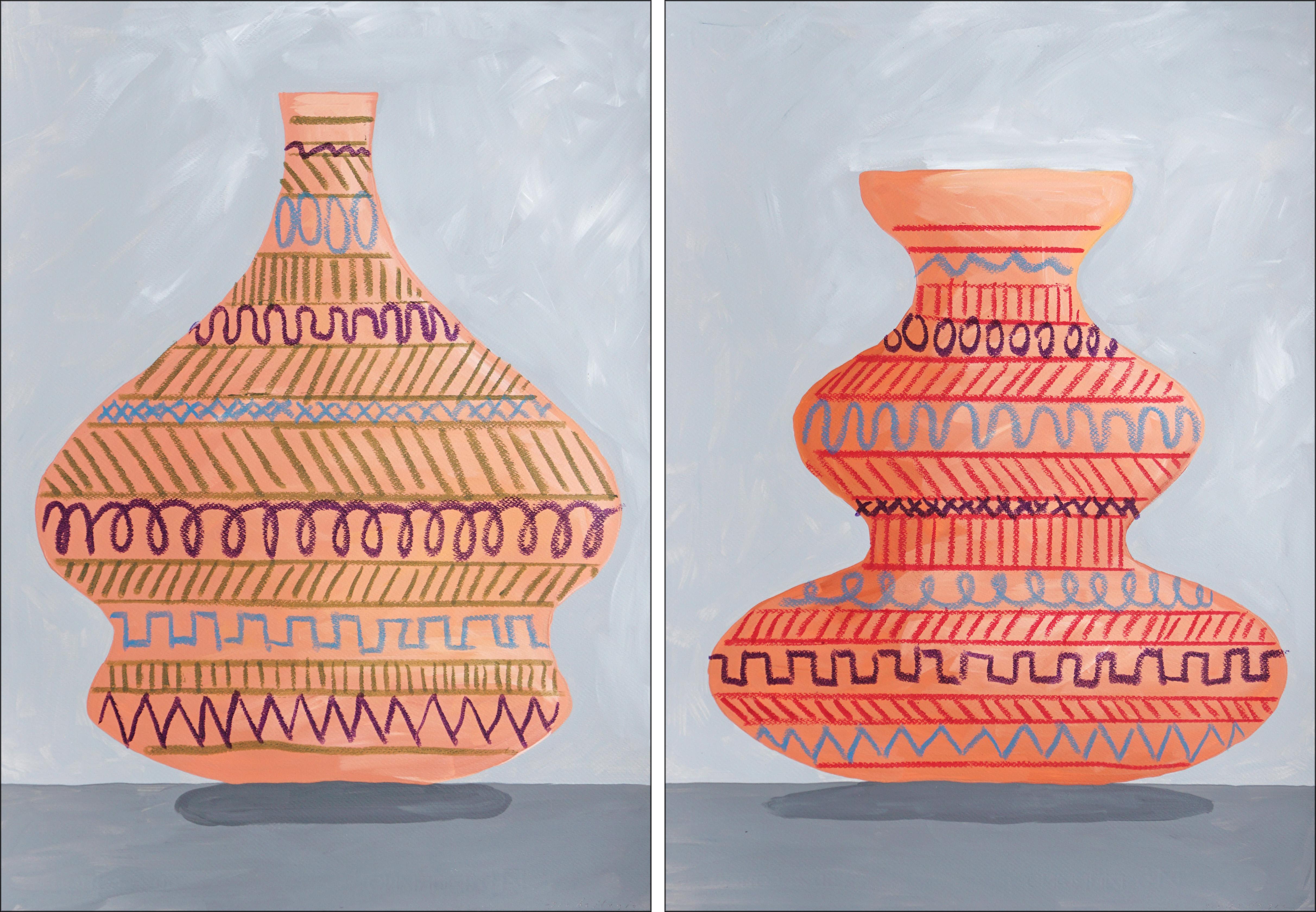 Gio Bellagio Still-Life Painting – Tribal Scribble Pots Diptychon, Inspirationsgemälde auf Papier mit antikem griechischem Sockel
