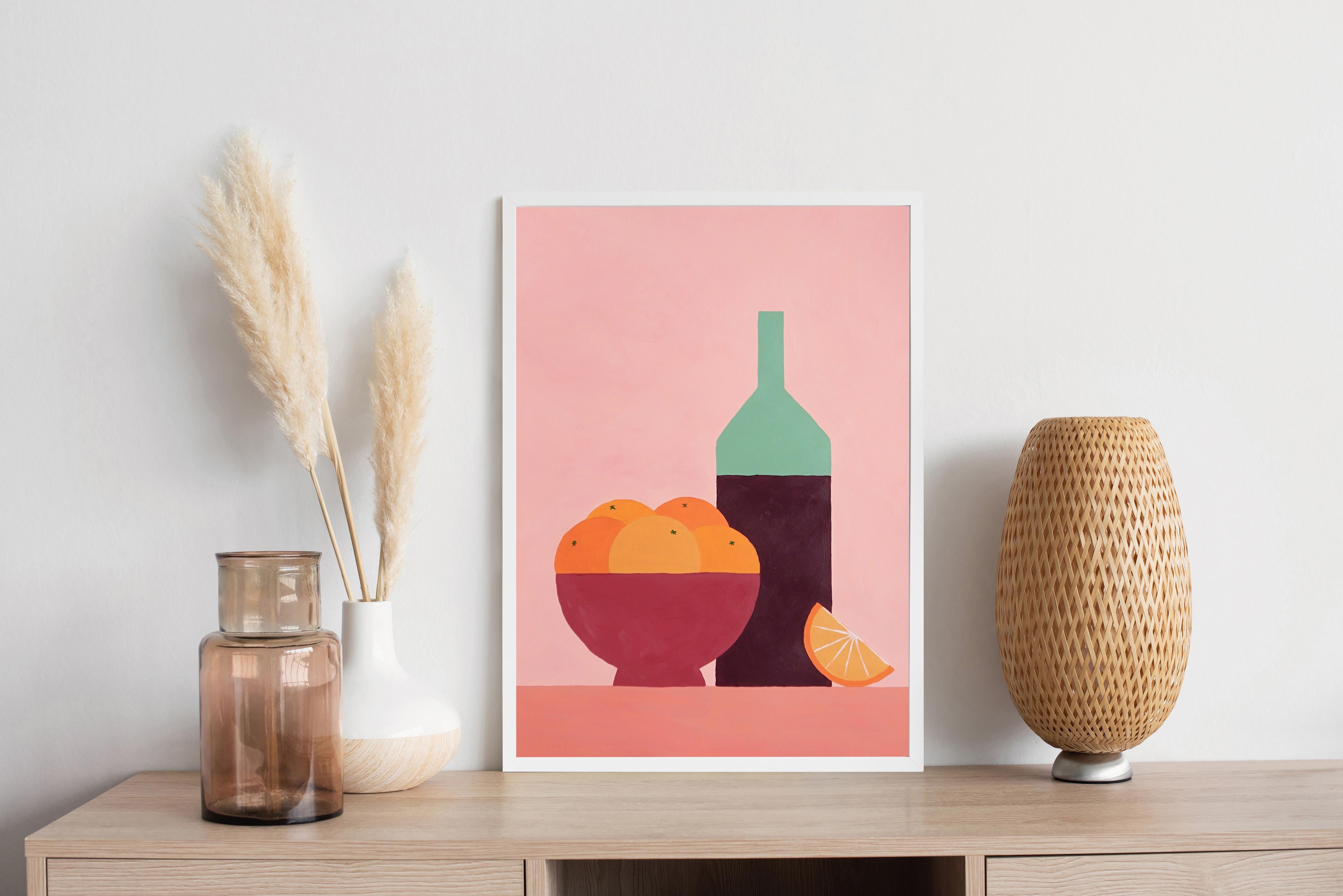 Tuscany Style Still Life of Oranges and Wine, Fruit Bowl and Bottle Pink Kitchen - Painting by Gio Bellagio