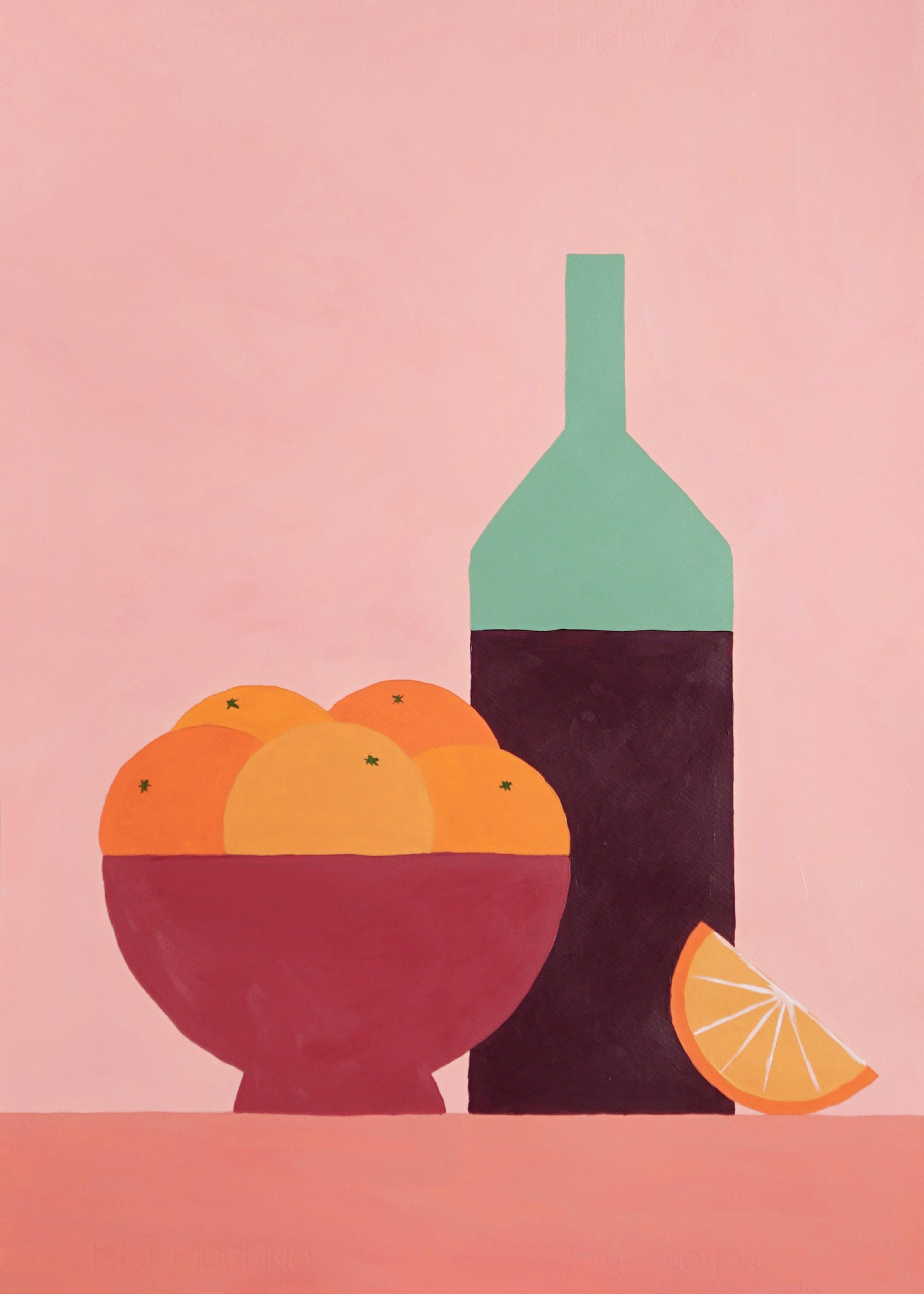 Gio Bellagio Still-Life Painting - Tuscany Style Still Life of Oranges and Wine, Fruit Bowl and Bottle Pink Kitchen