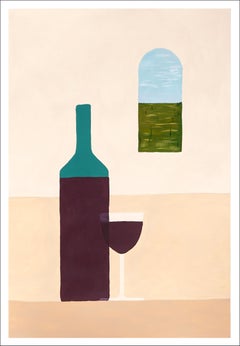 Tuscany Summer Afternoon, Modern Still Life, Wine Bottle Landscape View, Realist