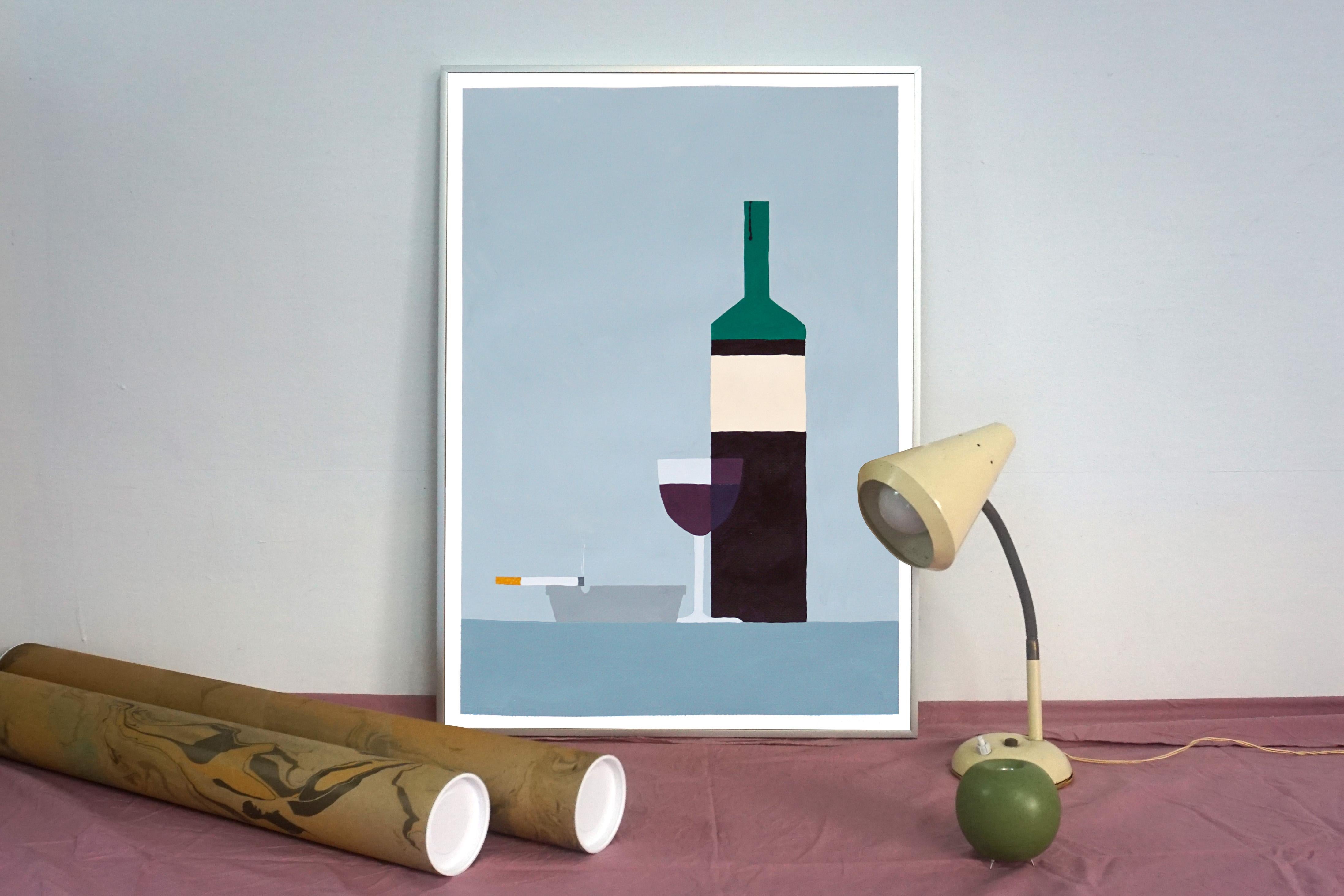 Wine and Cigarette, Modern Still Life, Simple Shapes, Food, Gray, Green Bottle - Contemporary Painting by Gio Bellagio