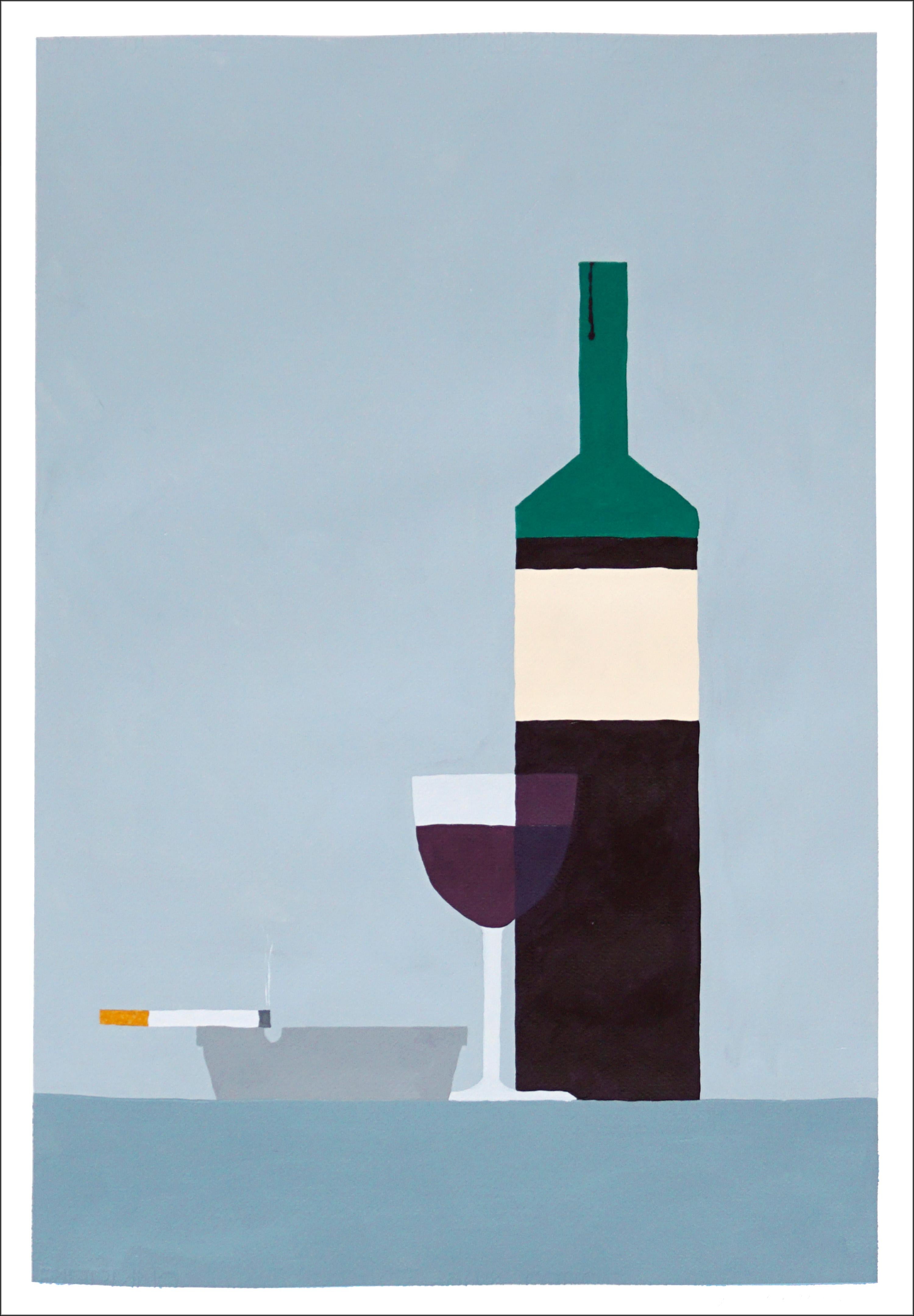 Gio Bellagio Still-Life Painting - Wine and Cigarette, Modern Still Life, Simple Shapes, Food, Gray, Green Bottle
