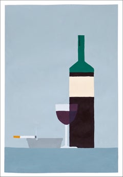 Wine and Cigarette, Modern Still Life, Simple Shapes, Food, Gray, Green Bottle