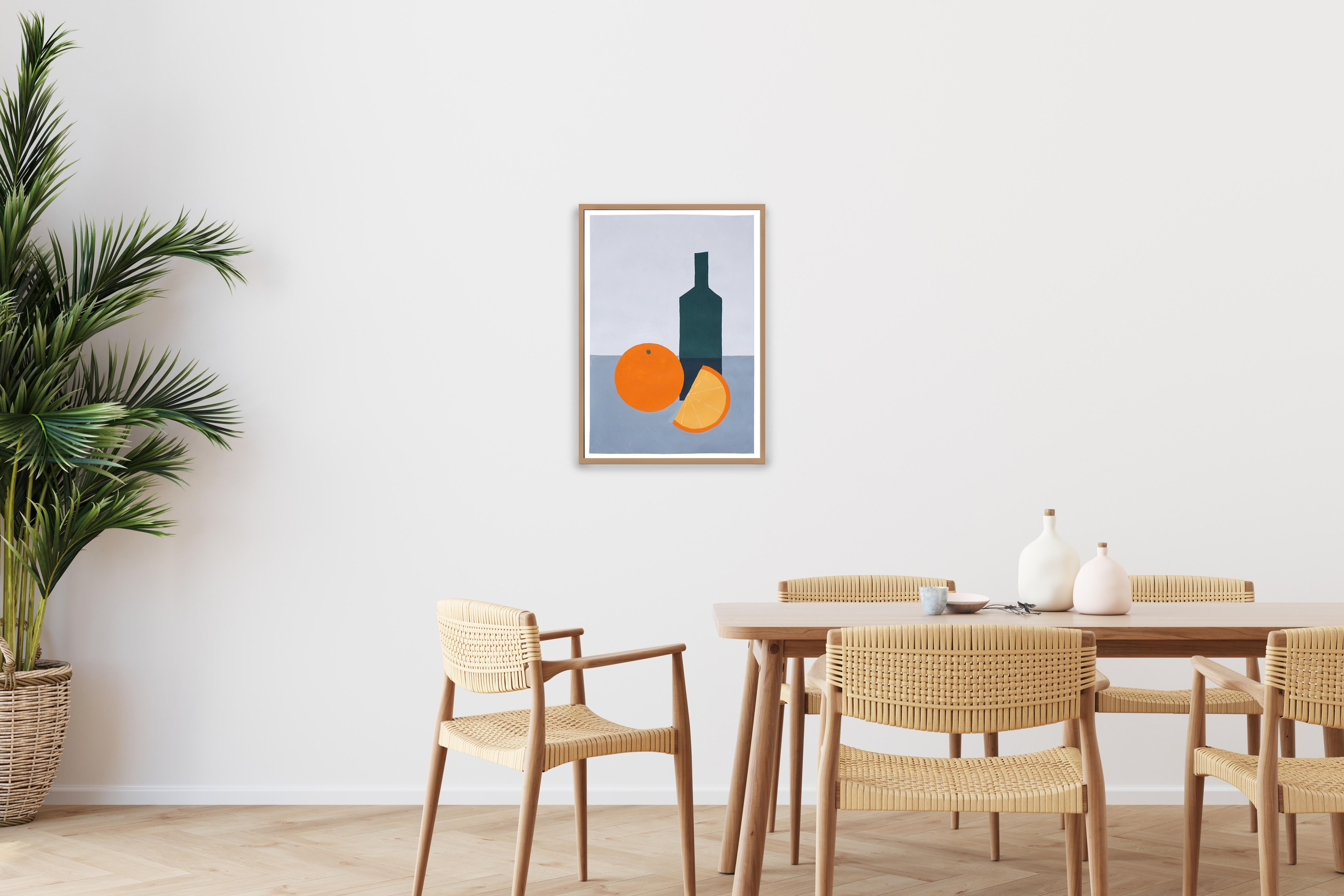 Wine Bottle with Orange, Green, Gray, Modern Still Life, Food Illustration   - Painting by Gio Bellagio