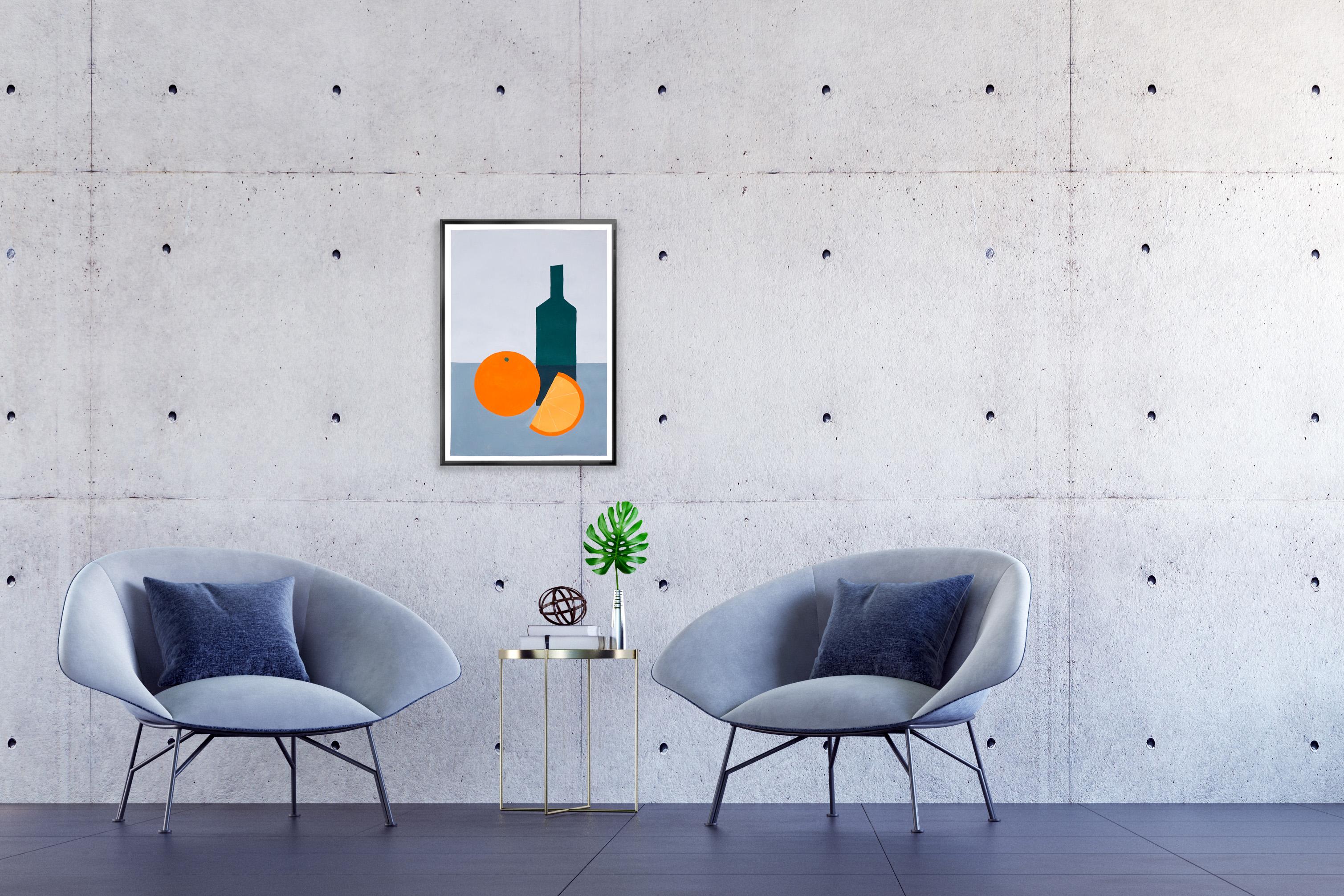 Wine Bottle with Orange, Green, Gray, Modern Still Life, Food Illustration   - Contemporary Painting by Gio Bellagio