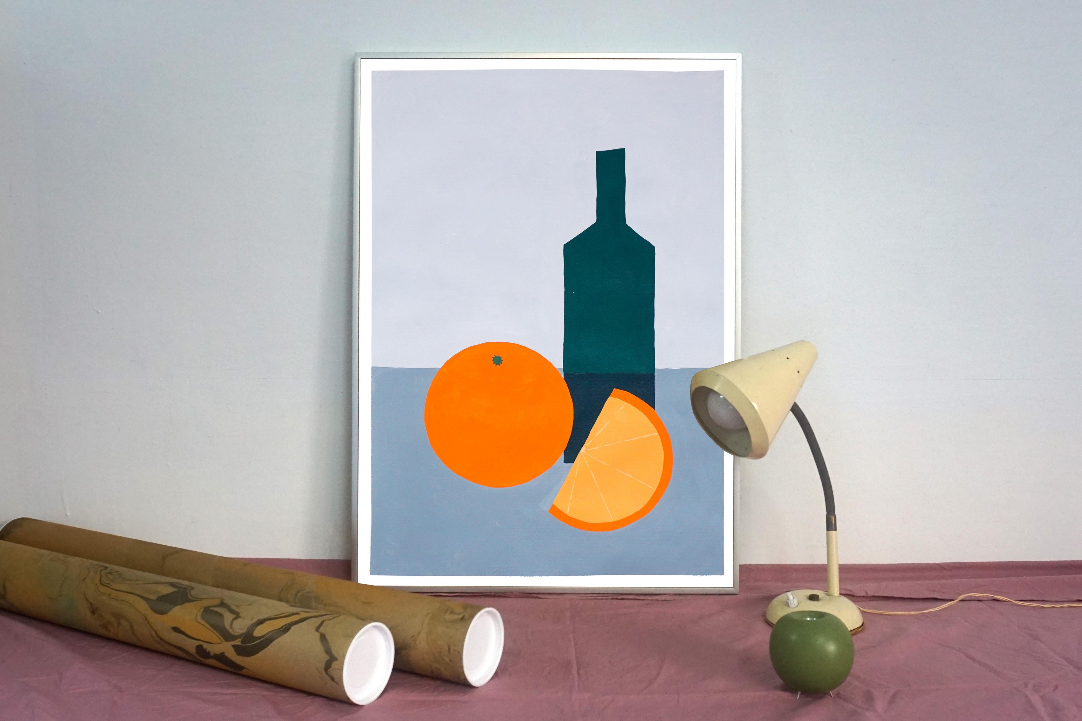Wine Bottle with Orange, Green, Gray, Modern Still Life, Food Illustration   For Sale 2
