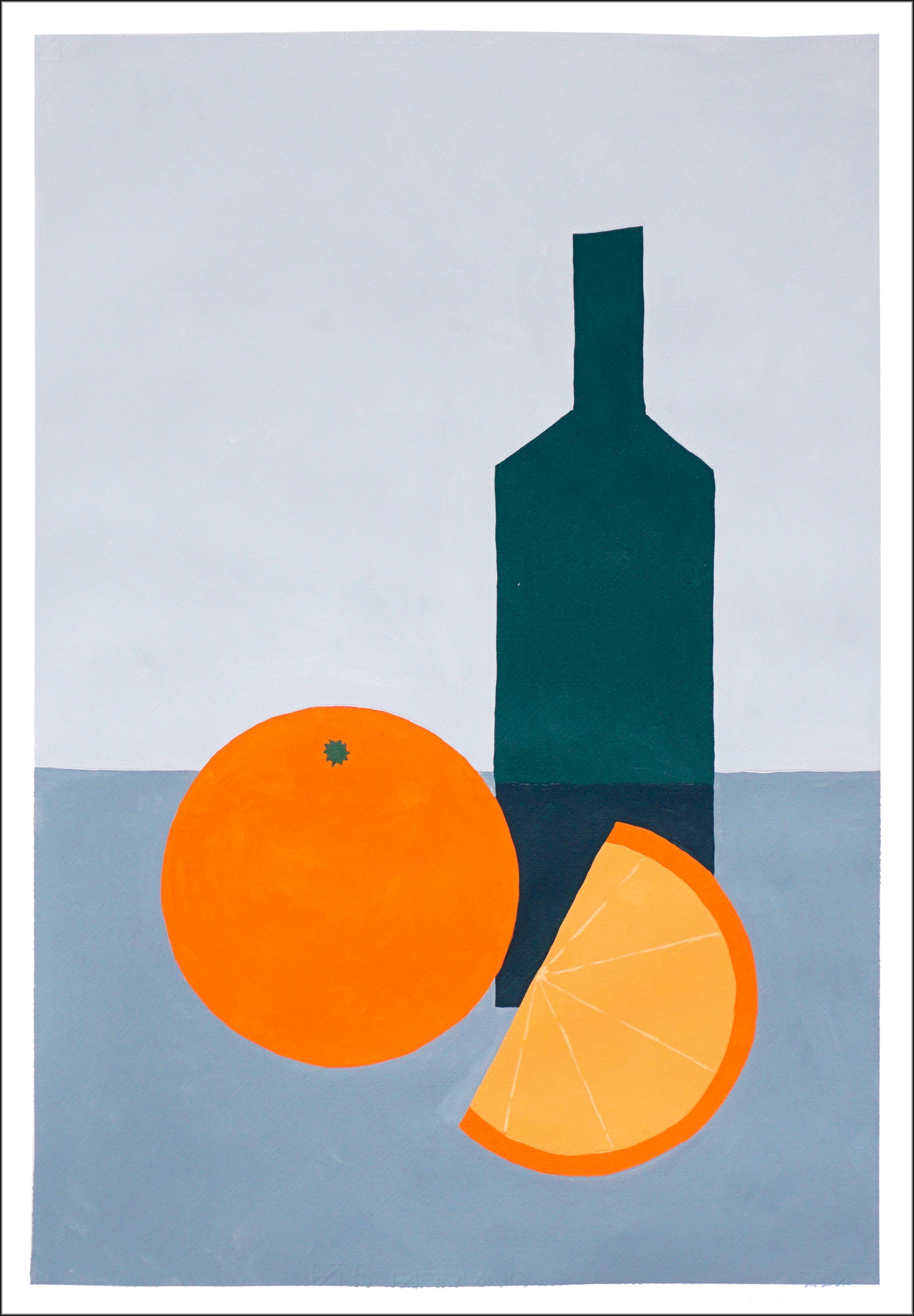 Gio Bellagio Still-Life Painting - Wine Bottle with Orange, Green, Gray, Modern Still Life, Food Illustration  