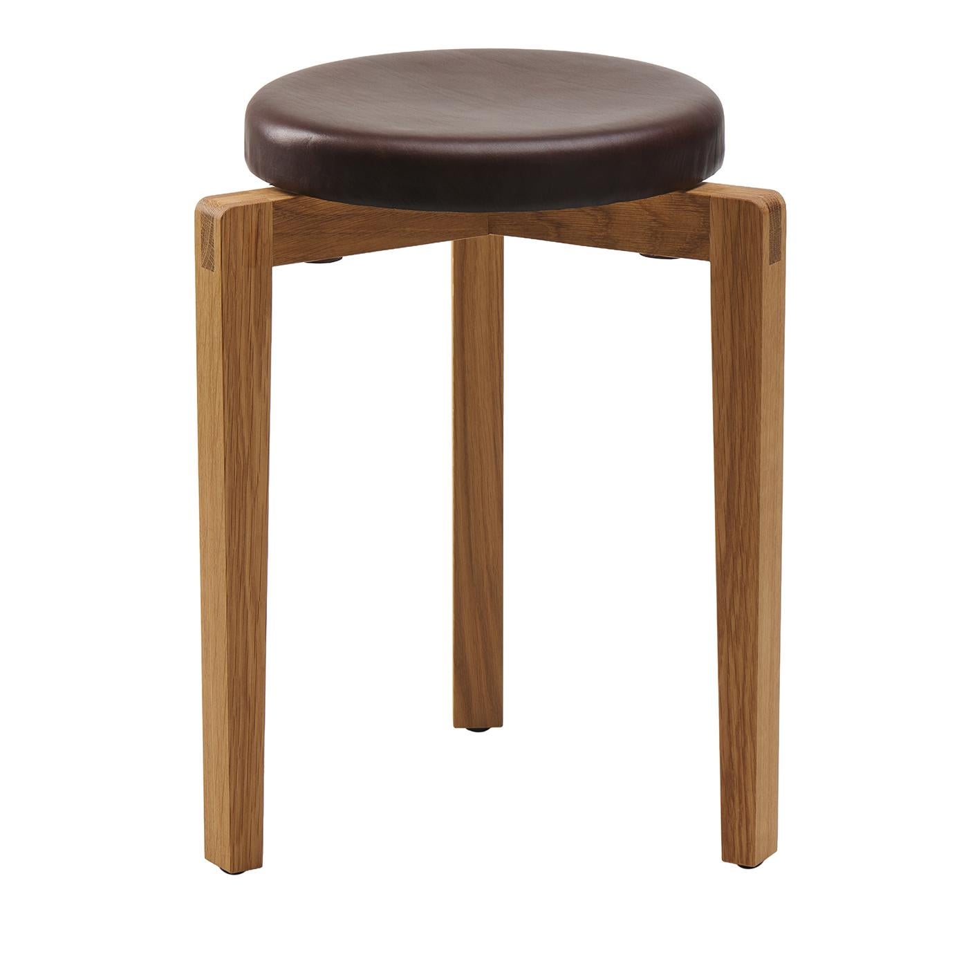 Wood Gio Chocolate Leather Round Stool For Sale
