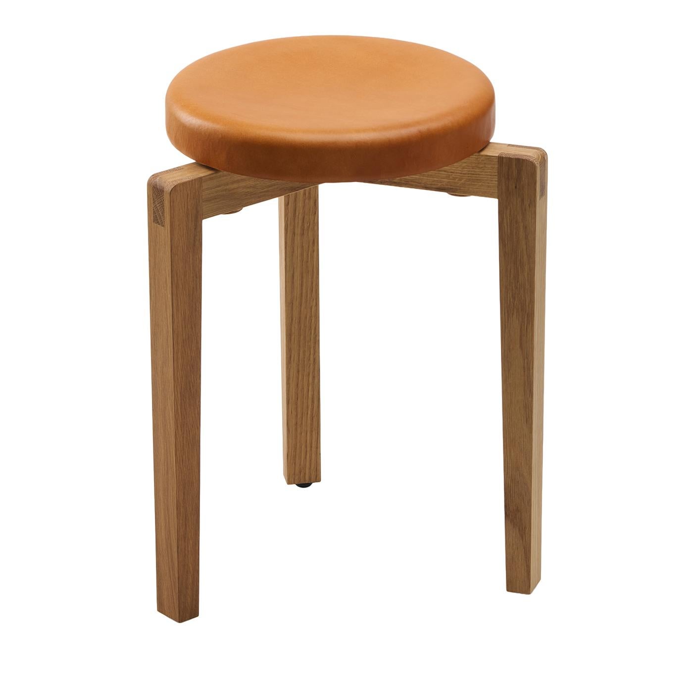 Gio Cognac Leather Round Stool In New Condition For Sale In Milan, IT