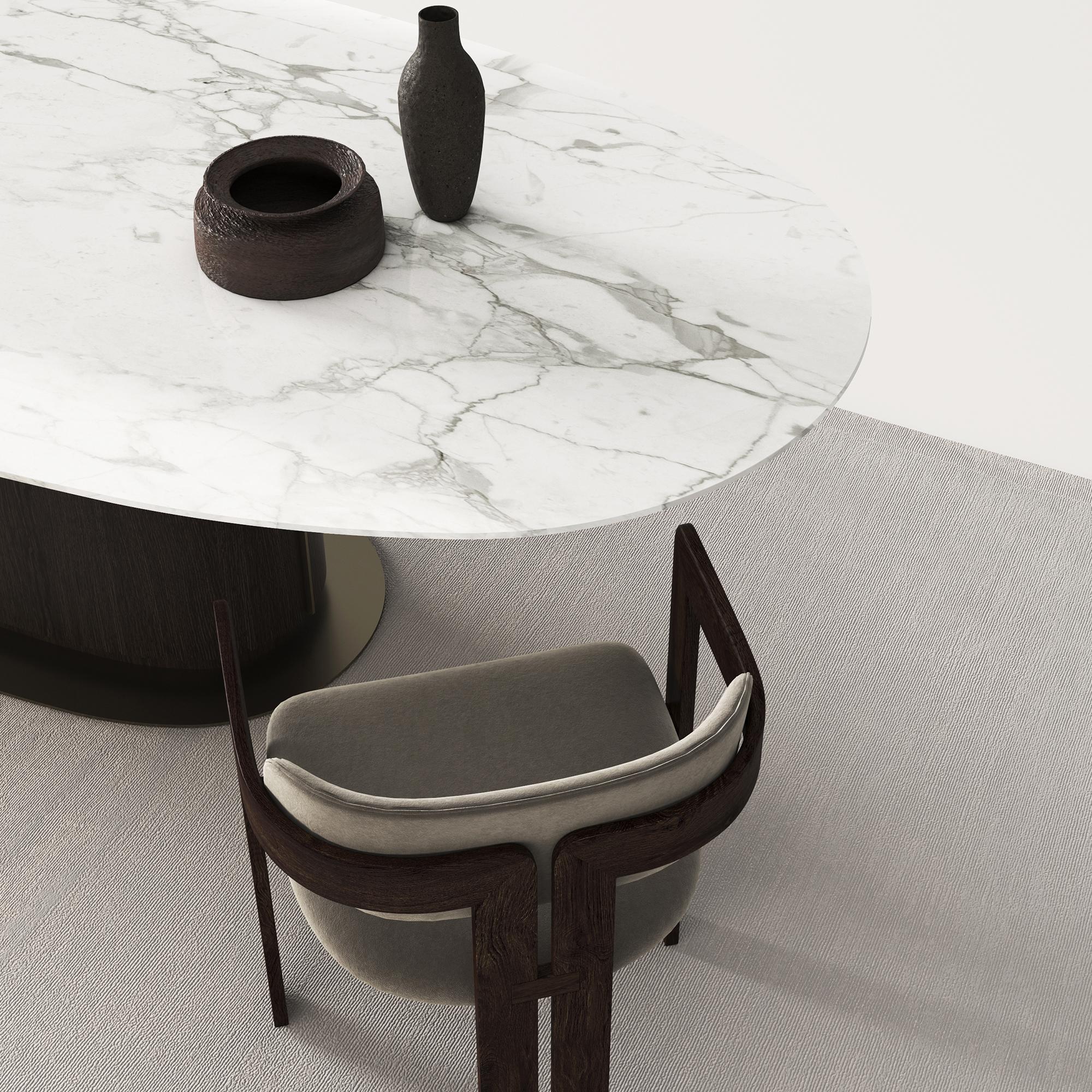 Turc Gio Ellipse table de salle à manger moderne en laiton, marbre et chêne en vente
