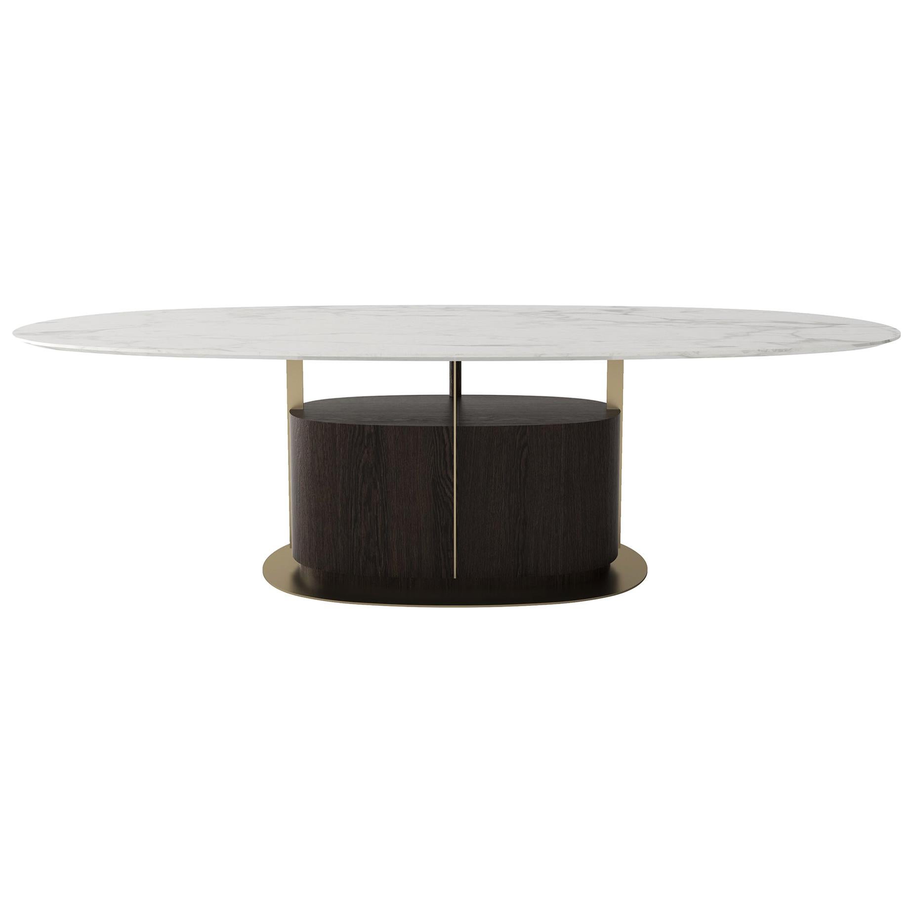 Gio Ellipse table de salle à manger moderne en laiton, marbre et chêne en vente