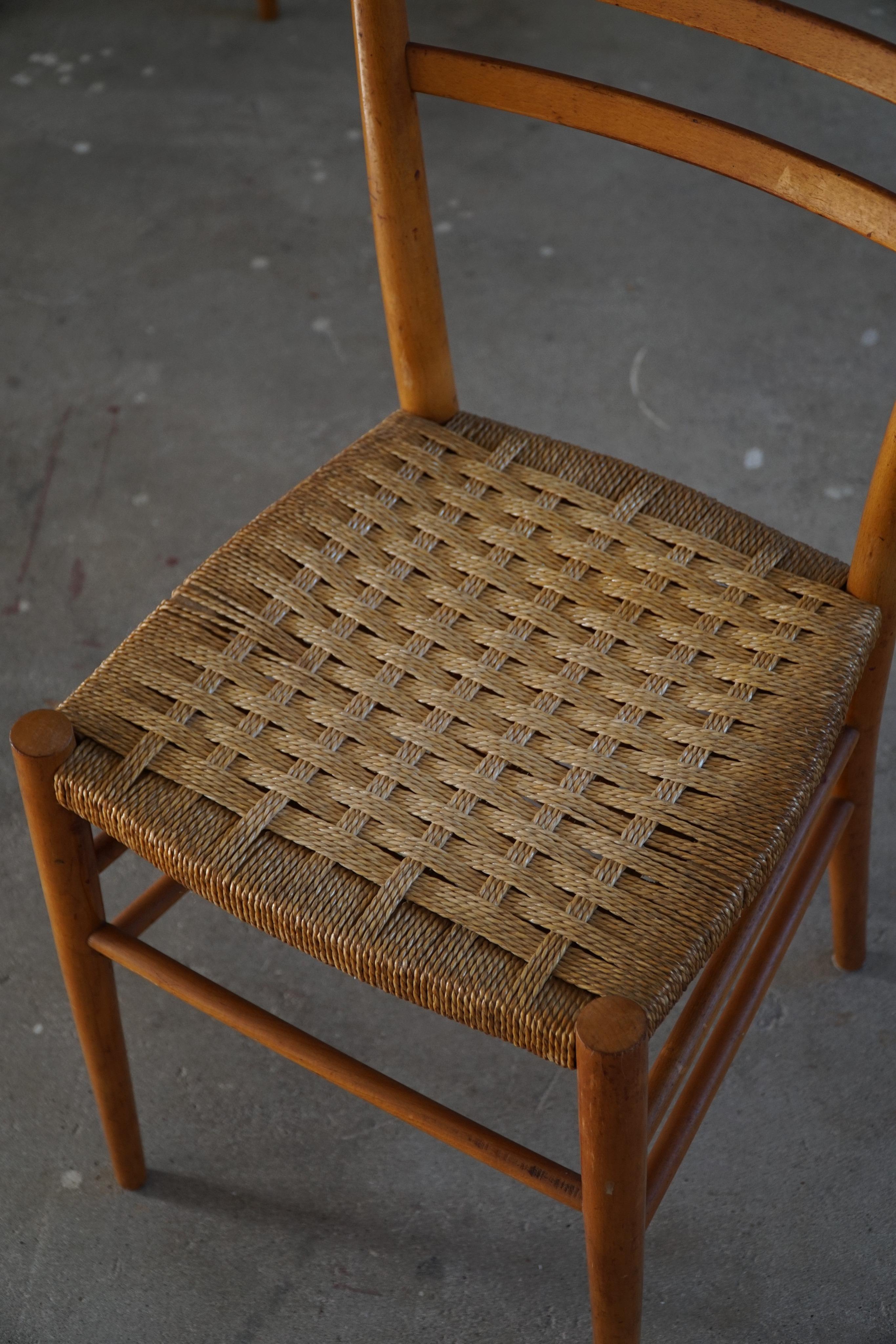 Gio Ponit, 4 x Italian Modern Dining Chairs in Solid Beech and Wicker, 1960s 6