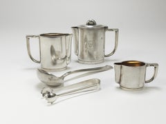 Théière, cruche, crémier, pince à sucre, louche Krupp en argent de Gio Ponti des années 1930