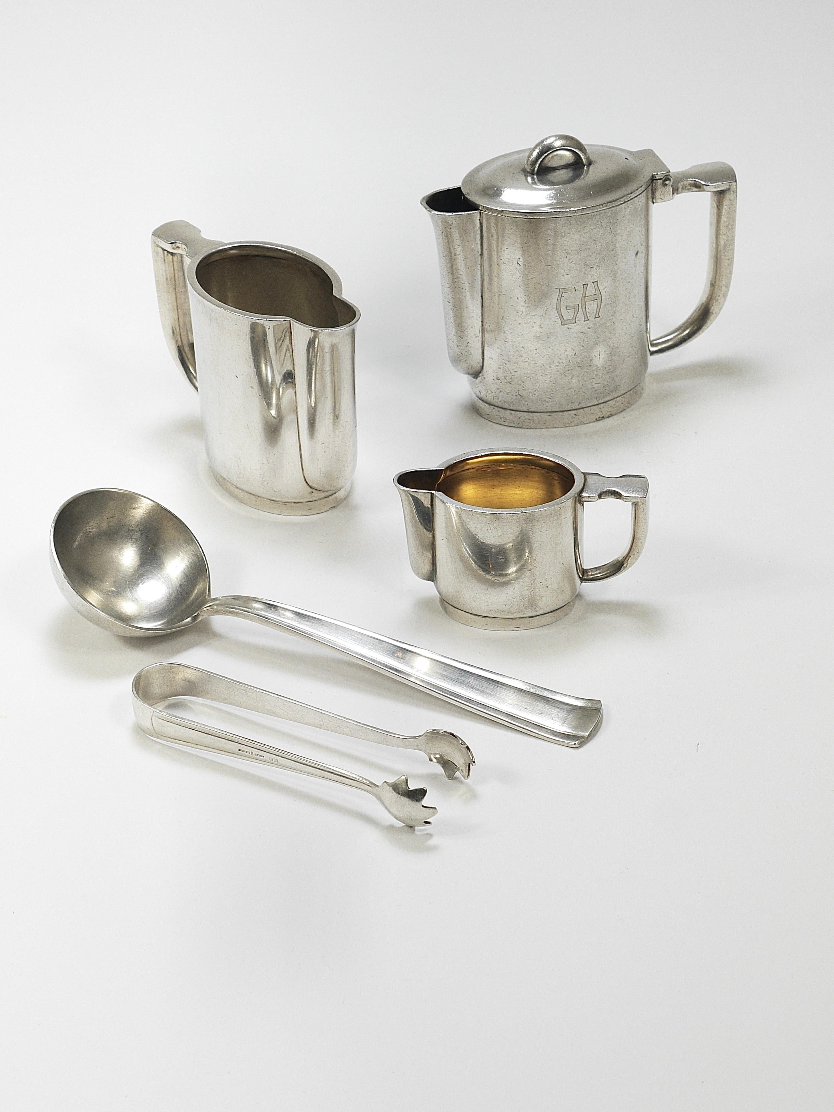 Austrian Gio Ponti 1930s Krupp Silver Teapot Coffeepot, Jug, Creamer, Sugar Tongs, Ladle For Sale