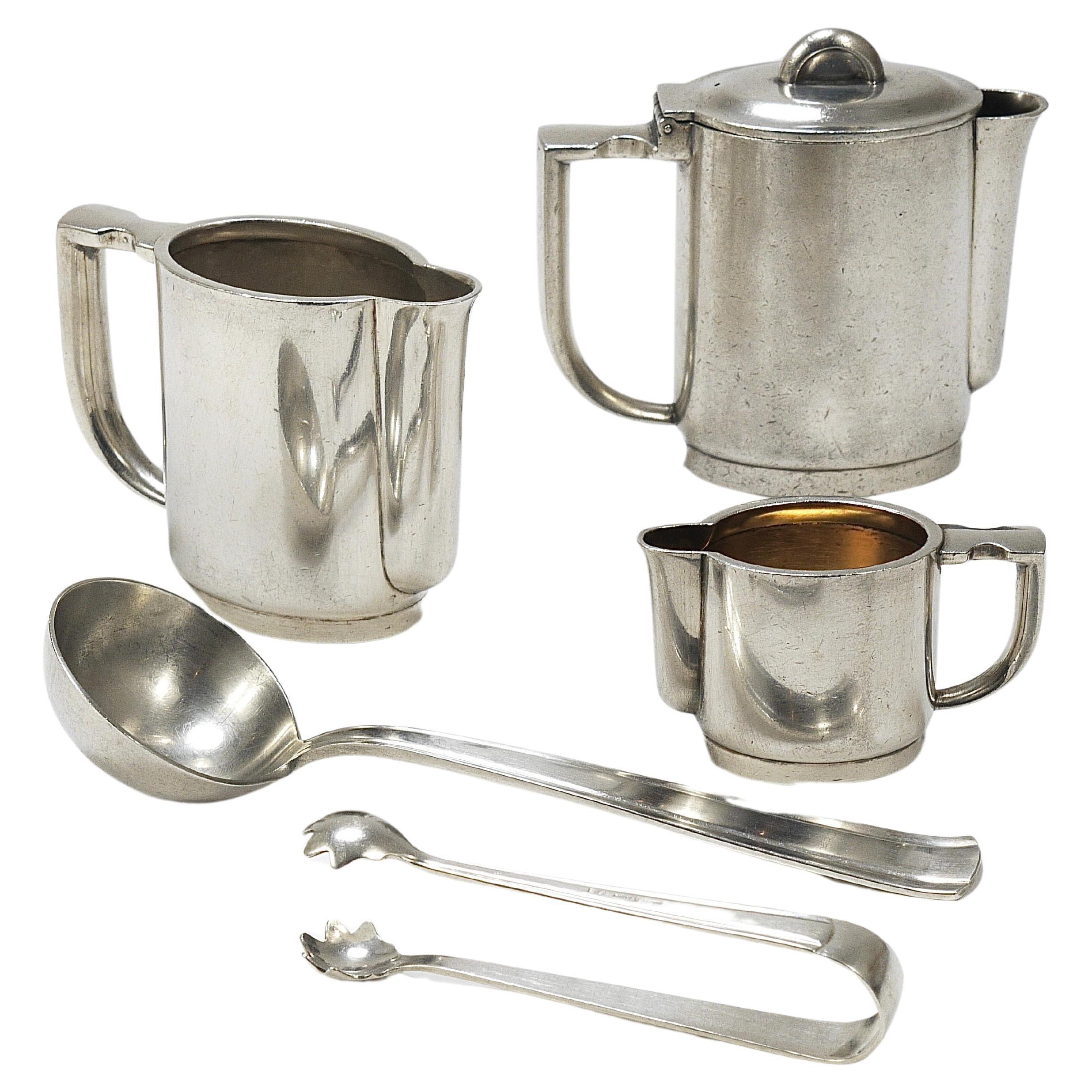 Gio Ponti 1930s Krupp Silver Teapot Coffeepot, Jug, Creamer, Sugar Tongs, Ladle For Sale