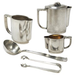 Vintage Gio Ponti 1930s Krupp Silver Teapot Coffeepot, Jug, Creamer, Sugar Tongs, Ladle