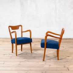 Gio Ponti 1940s Wooden Armchairs, Upholstered in Blue Fabric