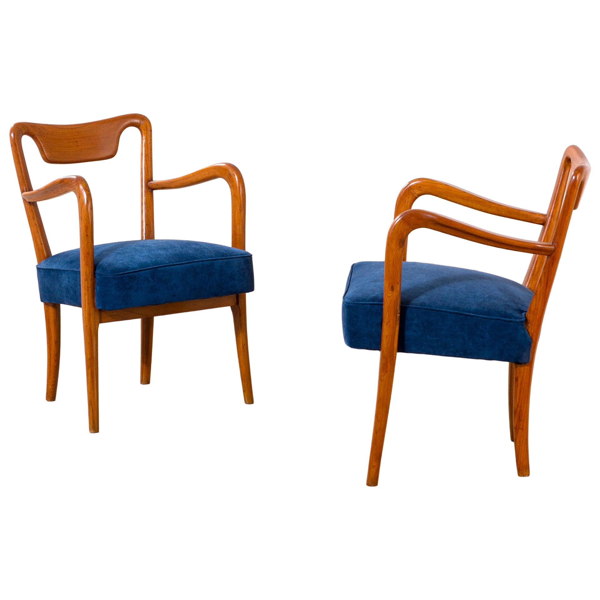 Gio Ponti 1940s Wooden Armchairs, Upholstered in Blue Fabric