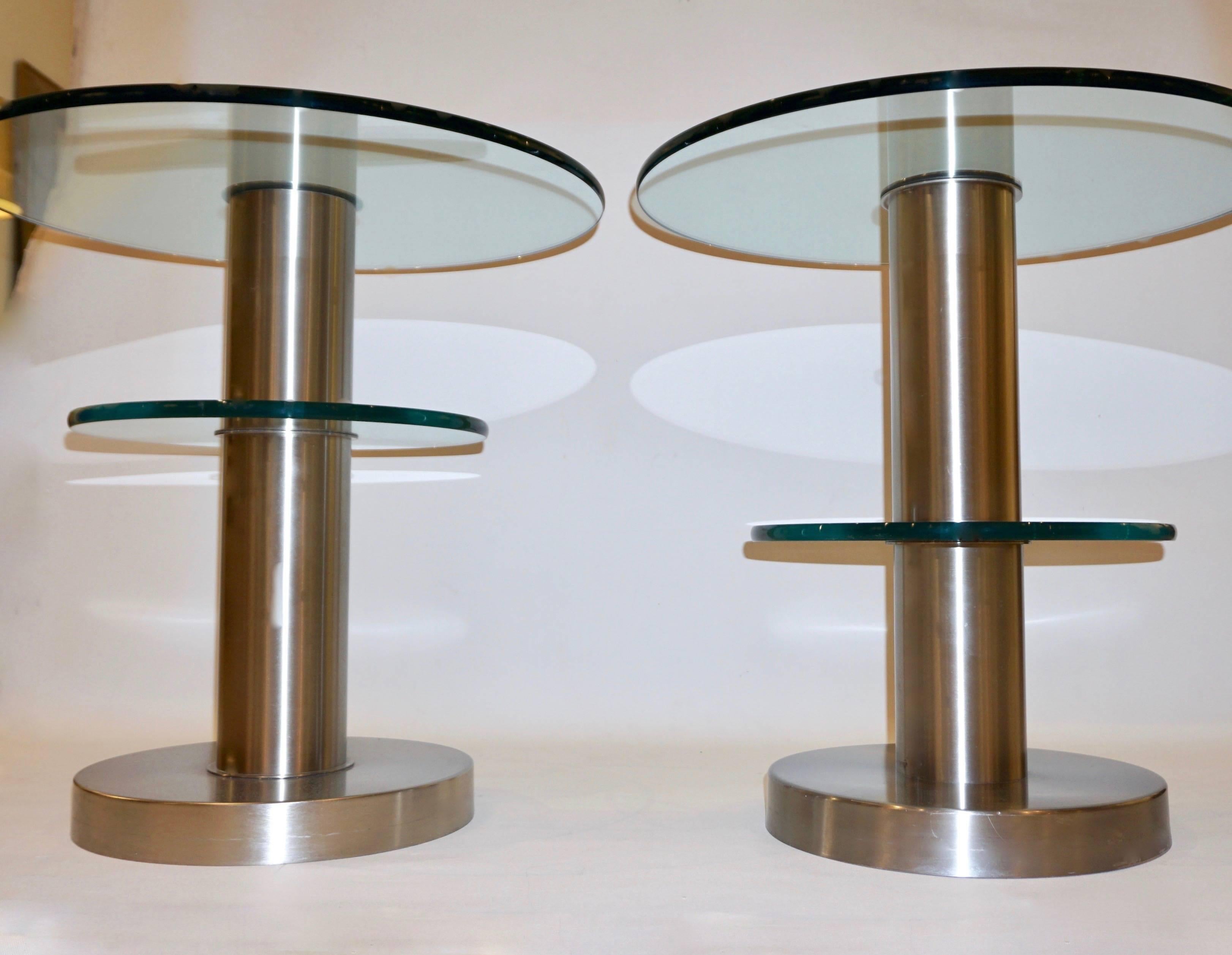Organic Modern Gio Ponti 1990s Fontana Arte Pair of Clear Glass and Nickel Round Side Tables