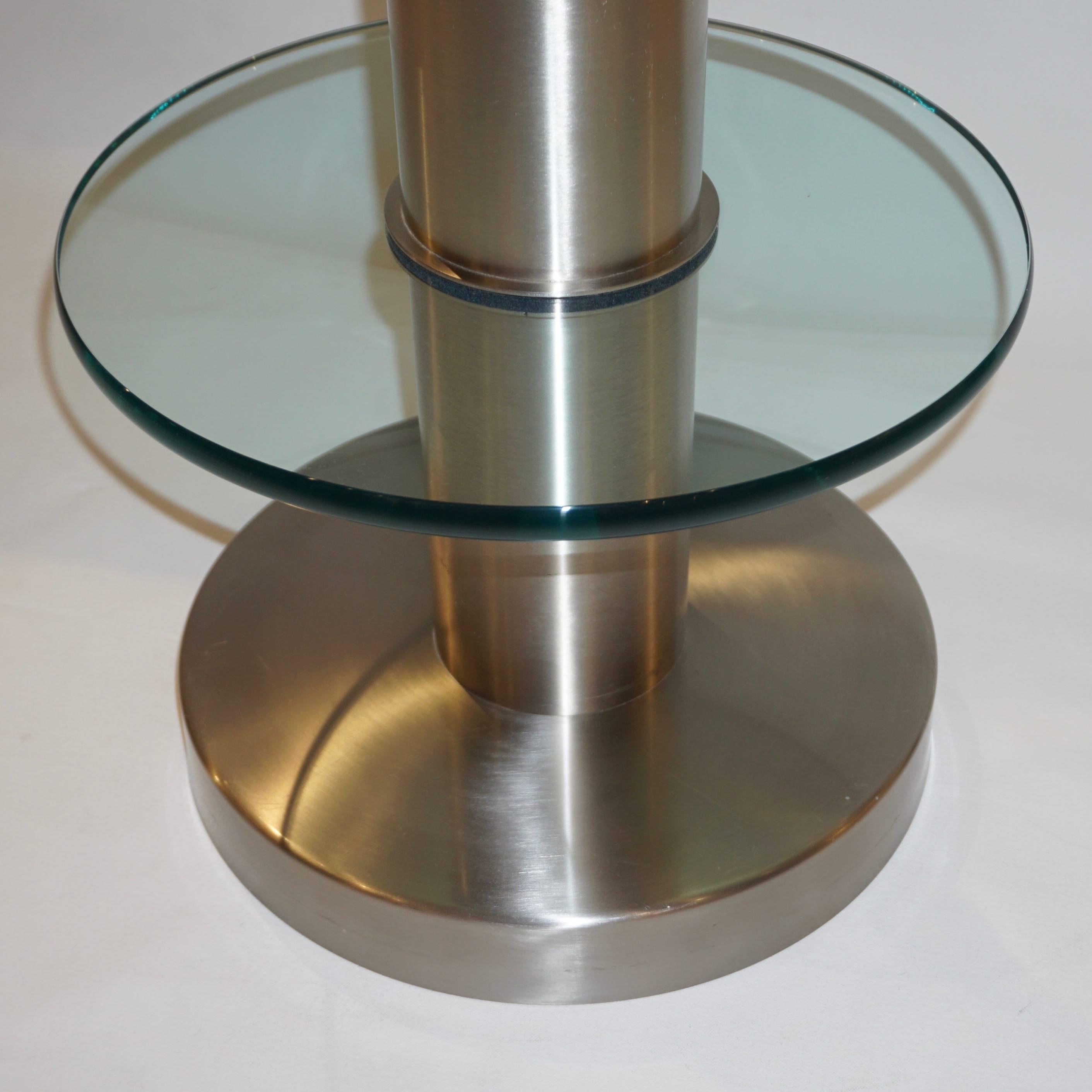 Brushed Gio Ponti 1990s Fontana Arte Pair of Clear Glass and Nickel Round Side Tables