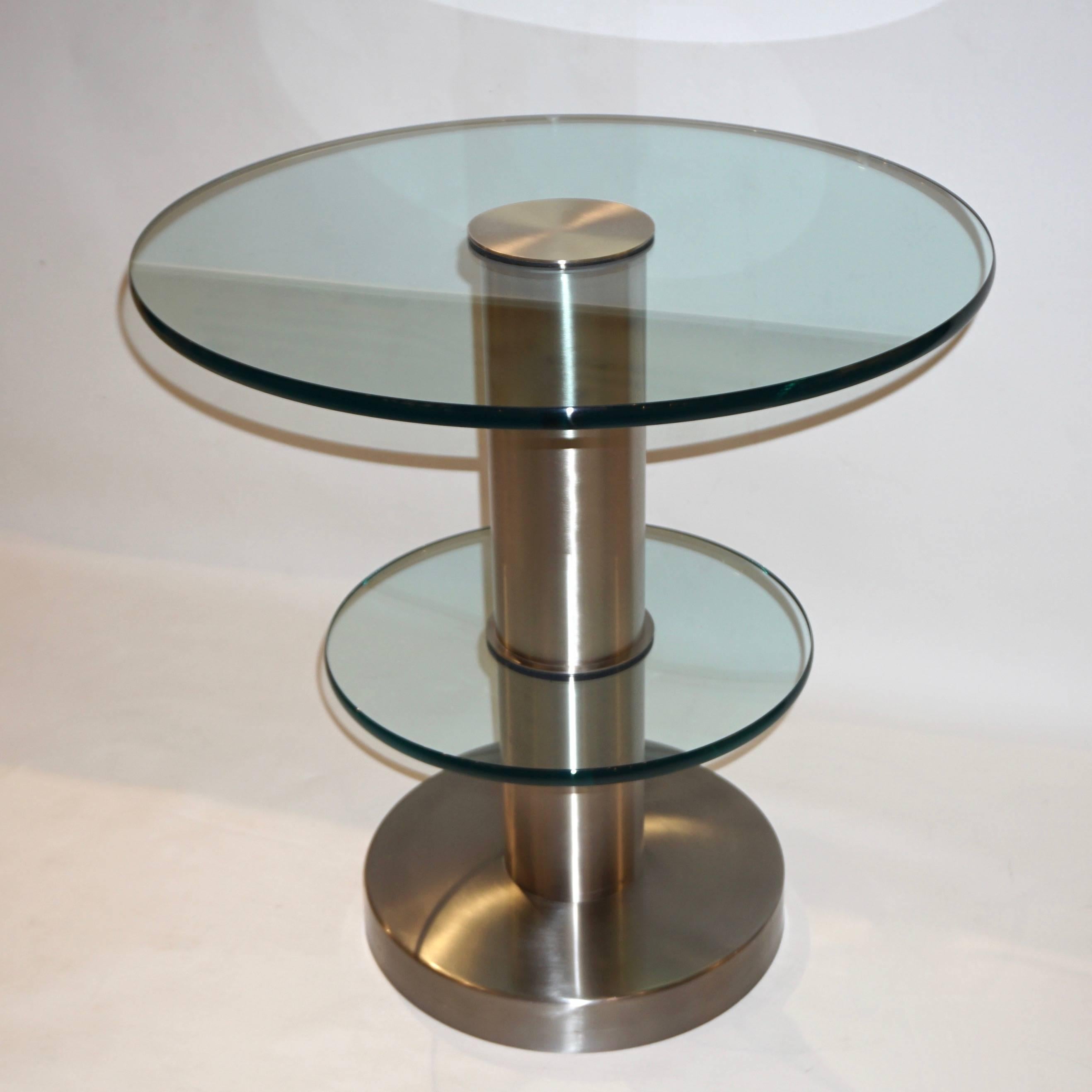 Gio Ponti 1990s Fontana Arte Pair of Clear Glass and Nickel Round Side Tables In Excellent Condition In New York, NY
