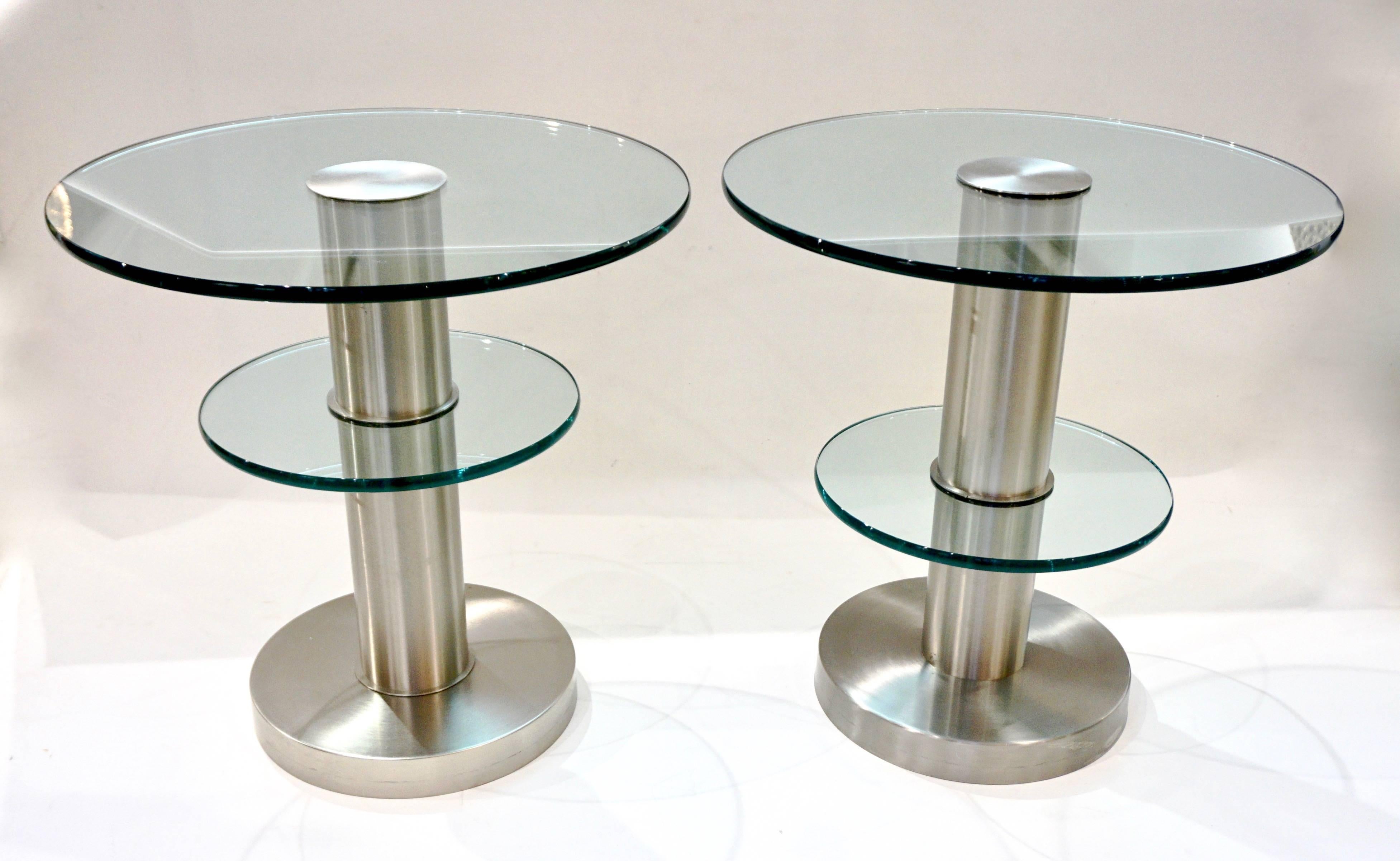 Gio Ponti 1990s Fontana Arte Pair of Clear Glass and Nickel Round Side Tables 1