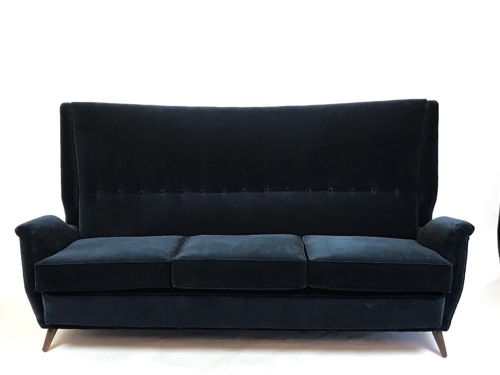 Italian Gio Ponti 3-Seat Wingback Sofa Newly Upholstered in Blue Velvet