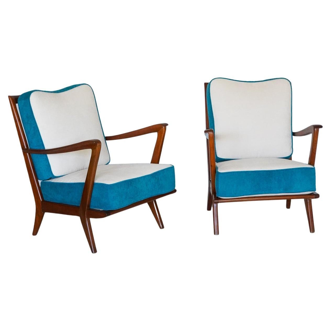 Gio Ponti 516 Armchairs, Walnut Frame, Two-Tone Upholstery, 1950