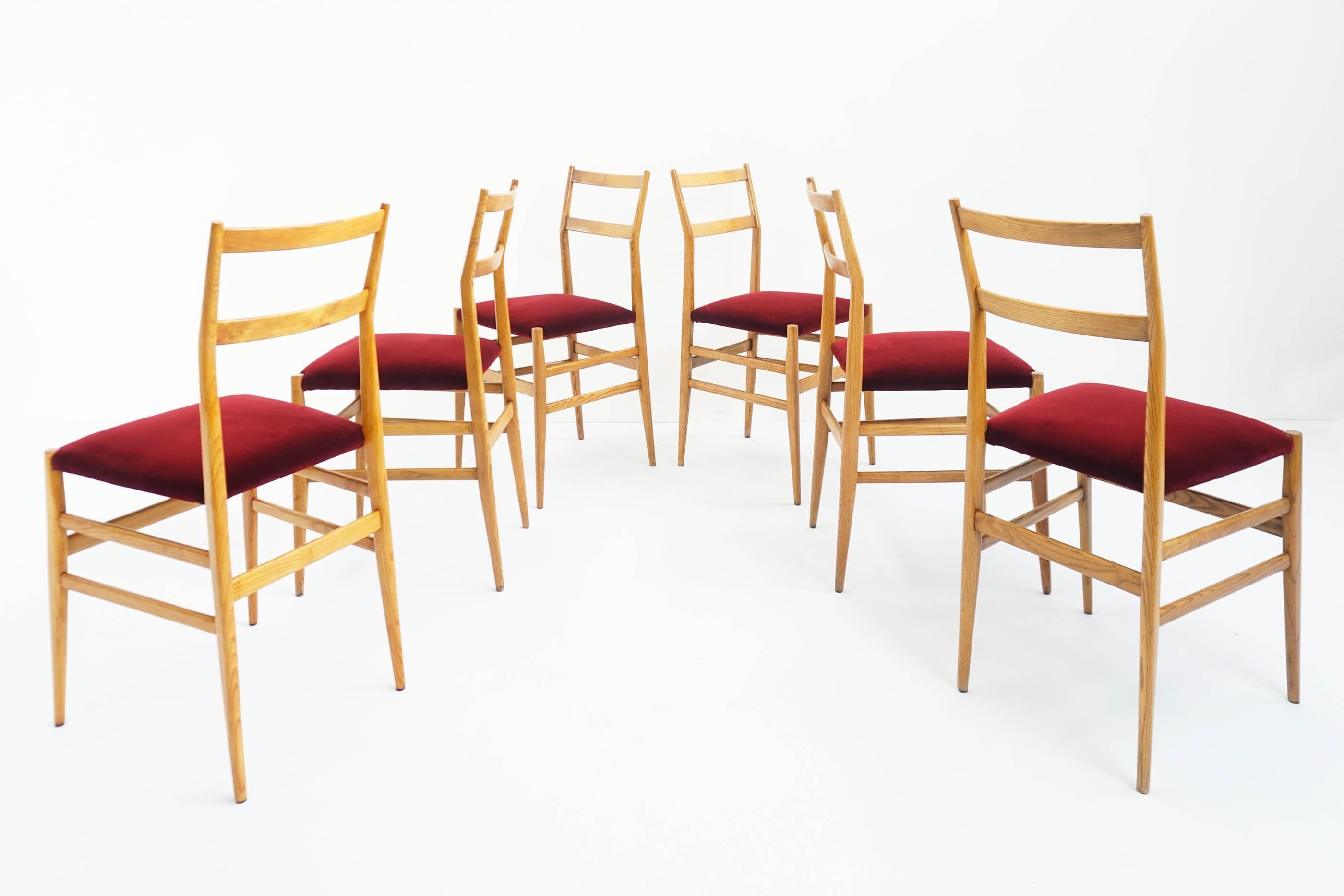 Gio Ponti Early Edition by Cassina Leggera chairs new upholstered in 1st class elegant deep red velvet.