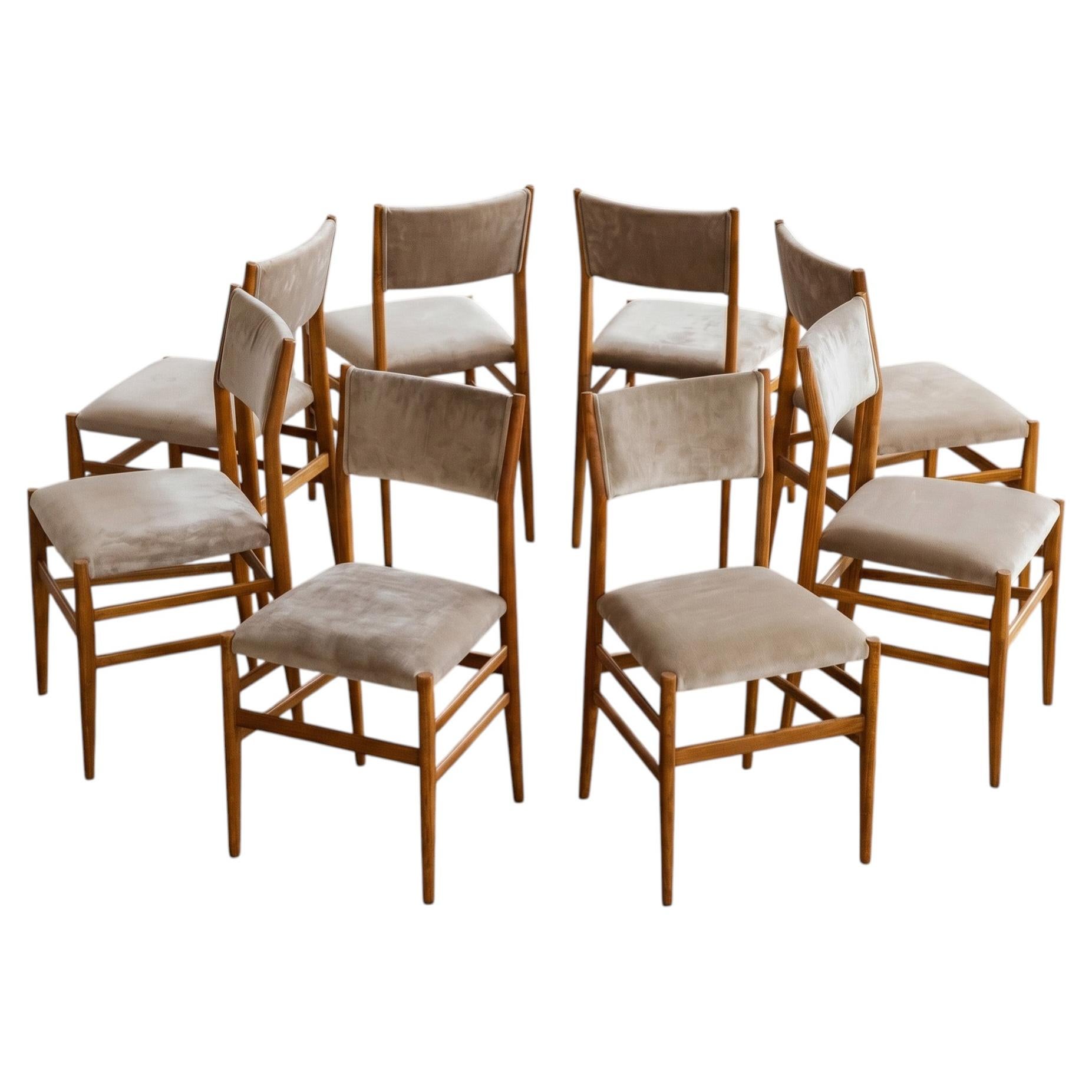 Gio Ponti 646 "Leggera" Chairs for Cassina, Sand Beige Velvet, 1952, Set of 8