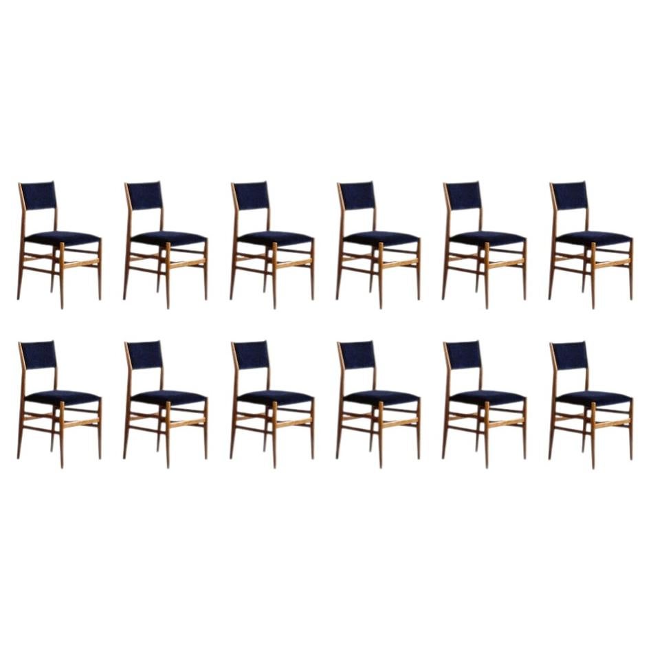 Gio Ponti 646 "Leggera" Esszimmerstühle für Cassina, Blauer Samt, 1952, 12-teilig