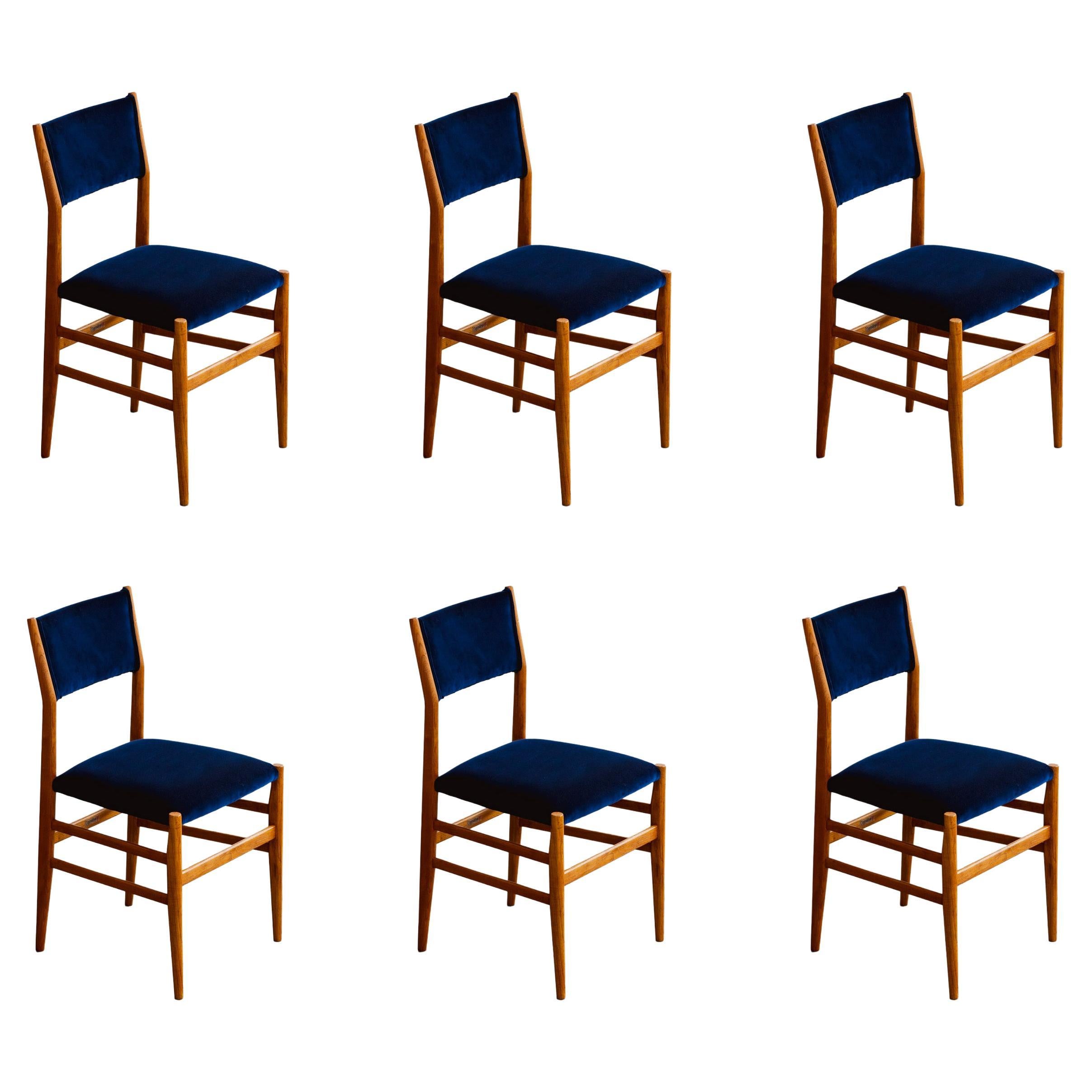 Chaises de salle à manger Gio Ponti 646 "Leggera" pour Cassina, velours bleu, 1952, ensemble de 6 pièces en vente