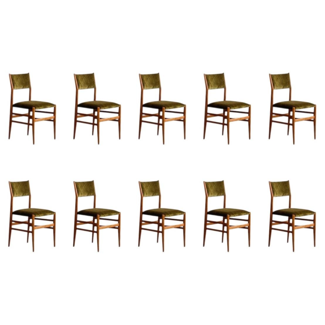 Gio Ponti 646 Chaises de salle à manger "Leggera" pour Cassina, velours vert, 1952, ensemble de 10 pièces