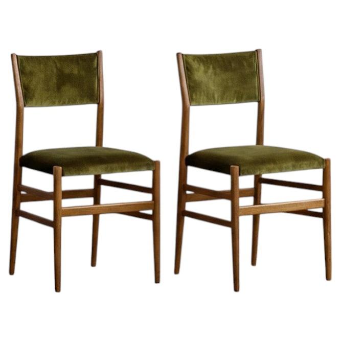 Juego de 2 sillas de comedor Gio Ponti 646 "Leggera" para Cassina, terciopelo verde, 1952