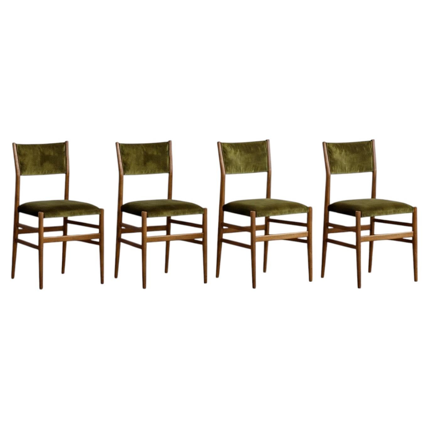 Gio Ponti 646 "Leggera" Dining Chairs for Cassina, Green Velvet, 1952, Set of 4