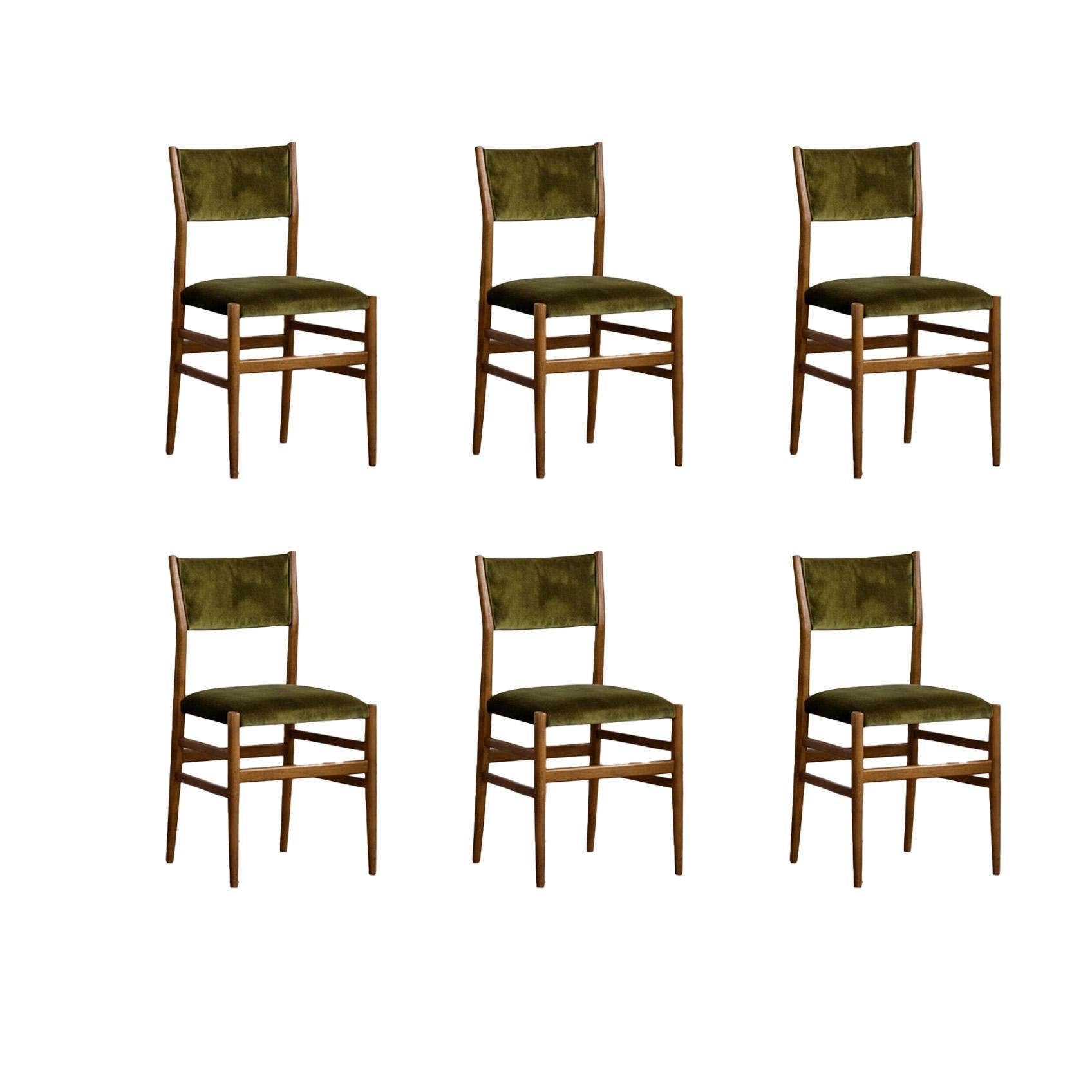 Gio Ponti 646 Chaises de salle à manger "Leggera" pour Cassina, velours vert, 1952, ensemble de 6 pièces