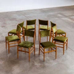 Gio Ponti 646 "Leggera" Dining Chairs for Cassina, Green Velvet, 1952, Set of 8