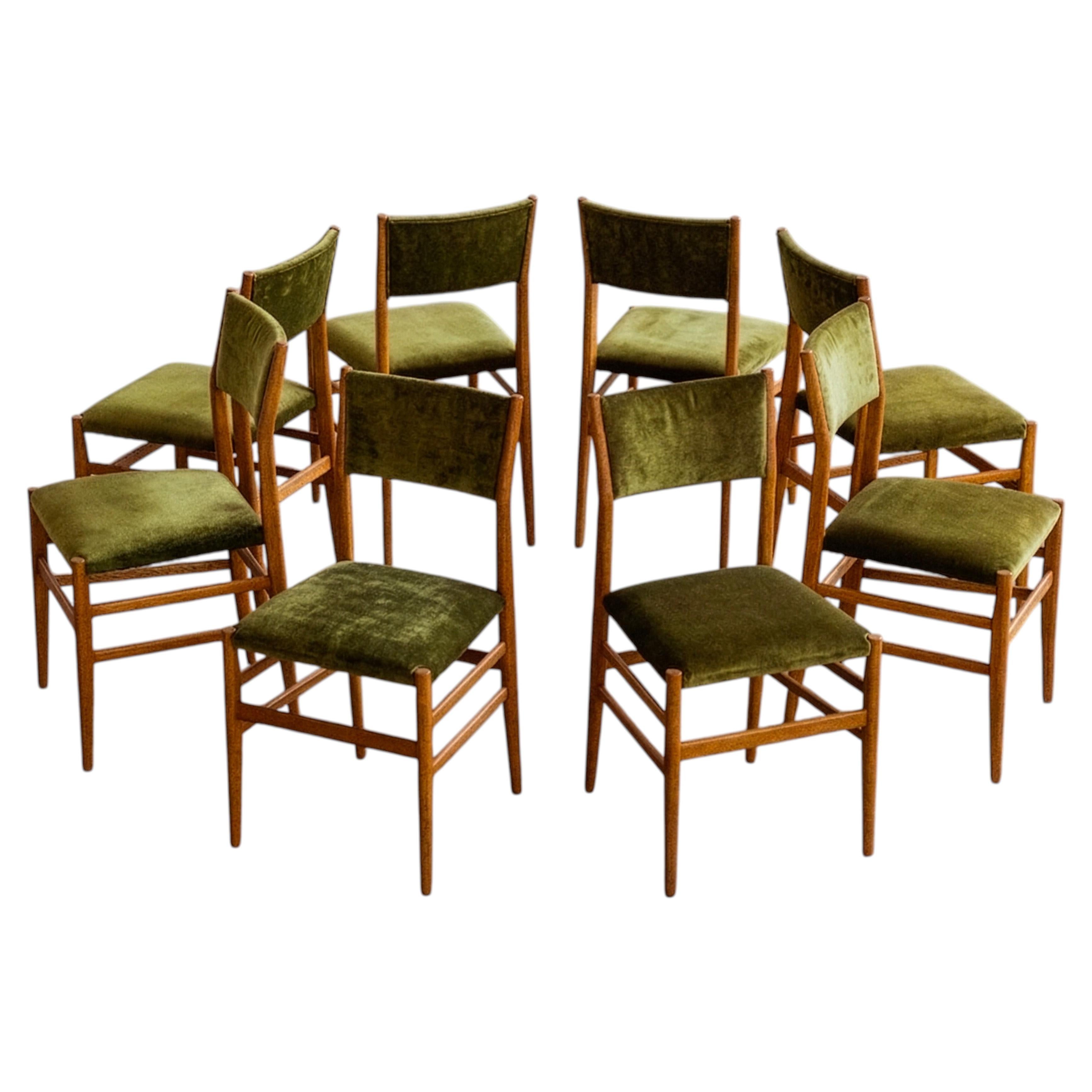 Gio Ponti 646 "Leggera" Dining Chairs for Cassina, Green Velvet, 1952, Set of 8