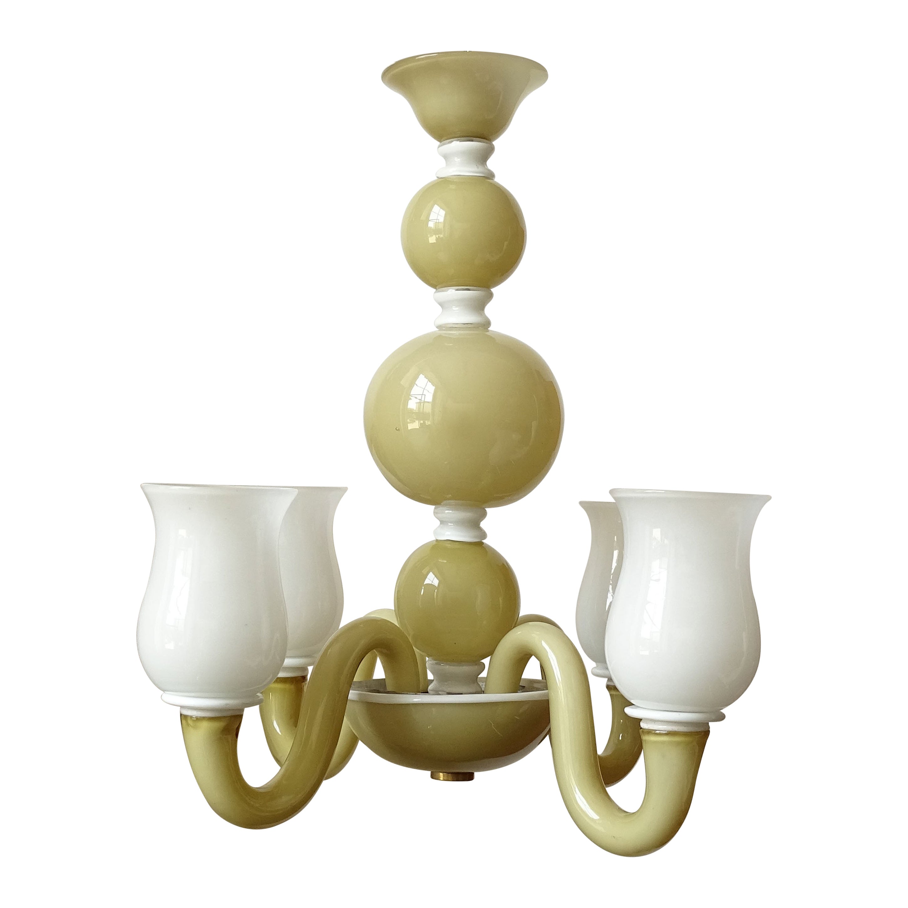 Gio Ponti Antique Yellow and White Murano Glass Chandelier for Venini, 1940s