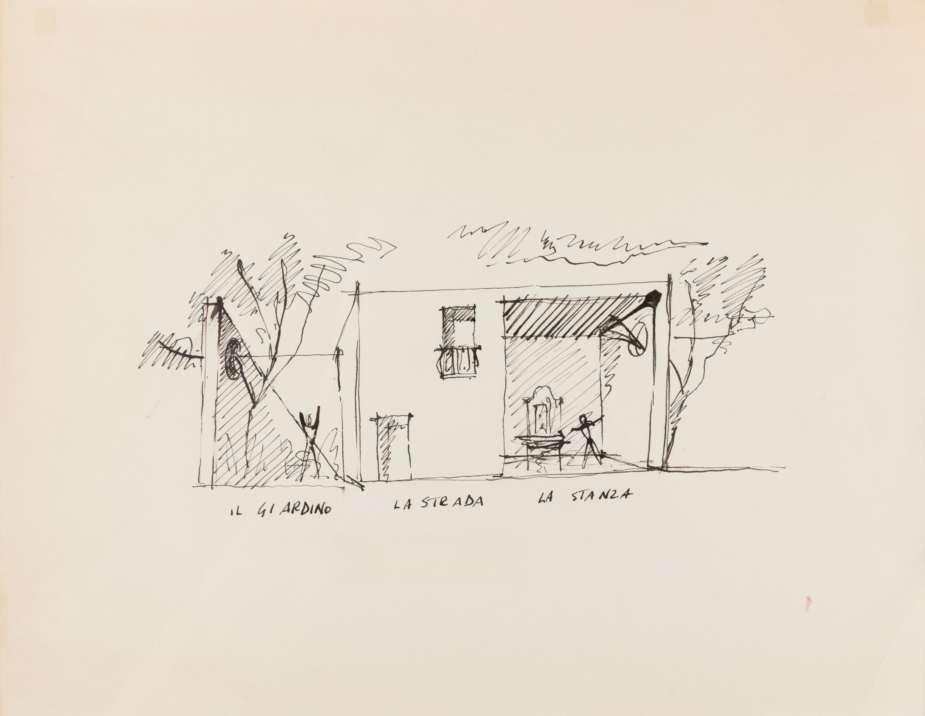 Gio Ponti had a significant impact on the residential housing in Bordighera, Italy. This is a wonderful architectural rendering from one of those homes. The drawing comes with authentication from the Gio Ponti archives.